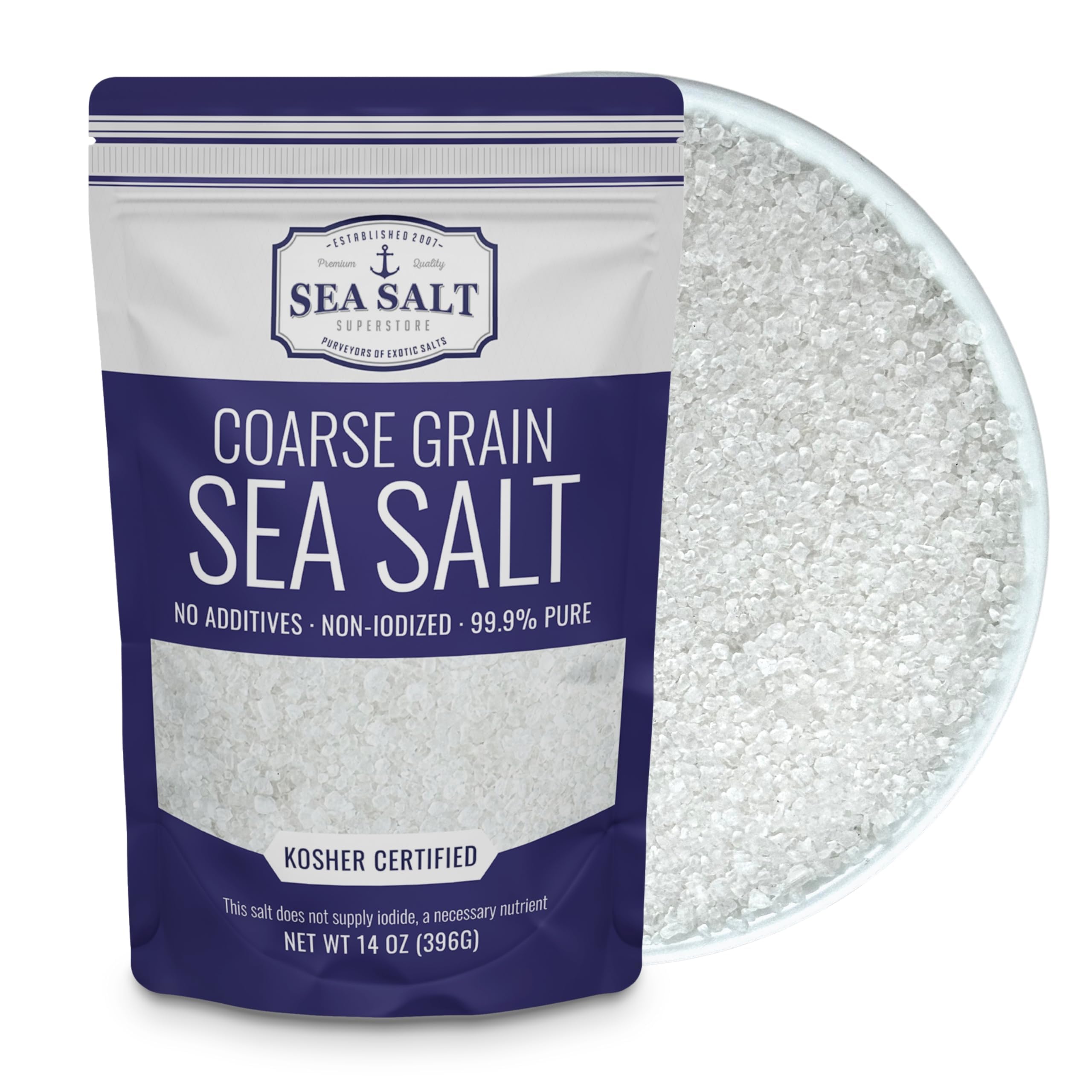 Coarse Sea Salt for Grinder Refill, Coarse Grain Kosher, Non-Iodized Unrefined Baja Salt for Cooking, Mineral-Rich, 14 oz Bag