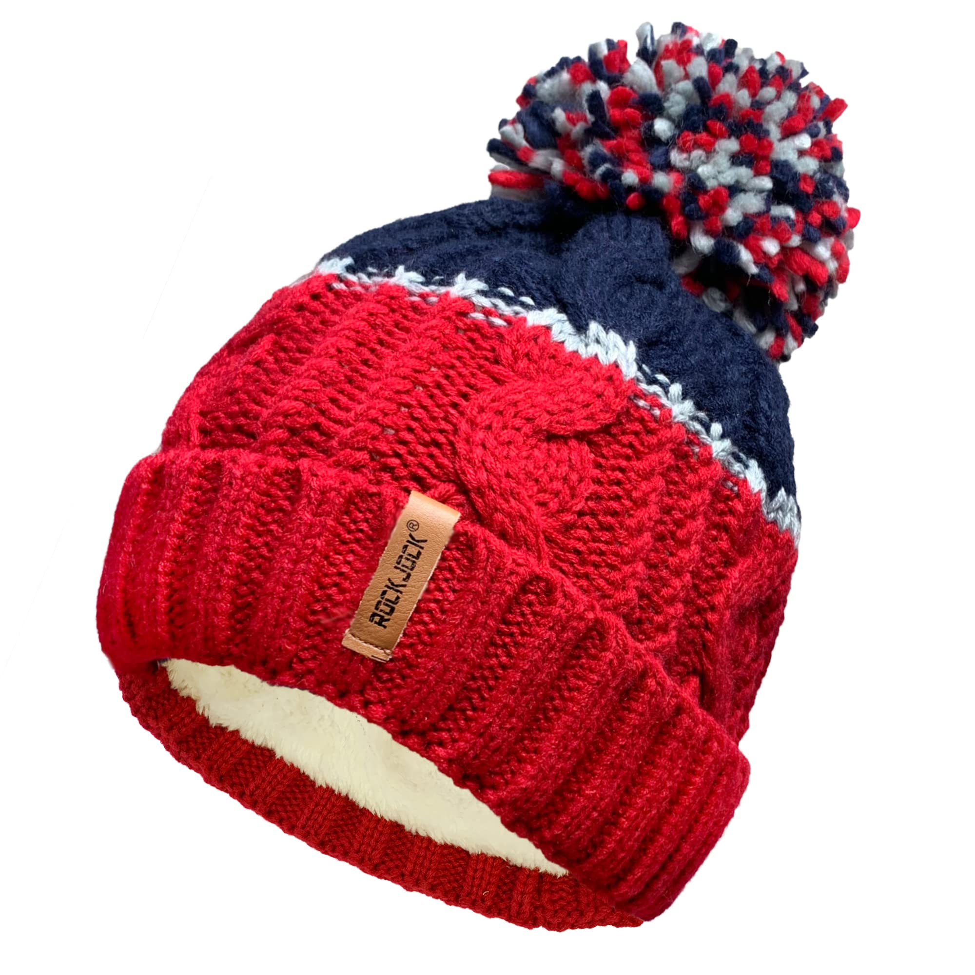 Rockjock Unisex Red/Navy Mens Ladies Warm Winter Chunky Colour Block Ski Bobble Pompom Hat With Cosy Thermal Teddy Fleece Liner