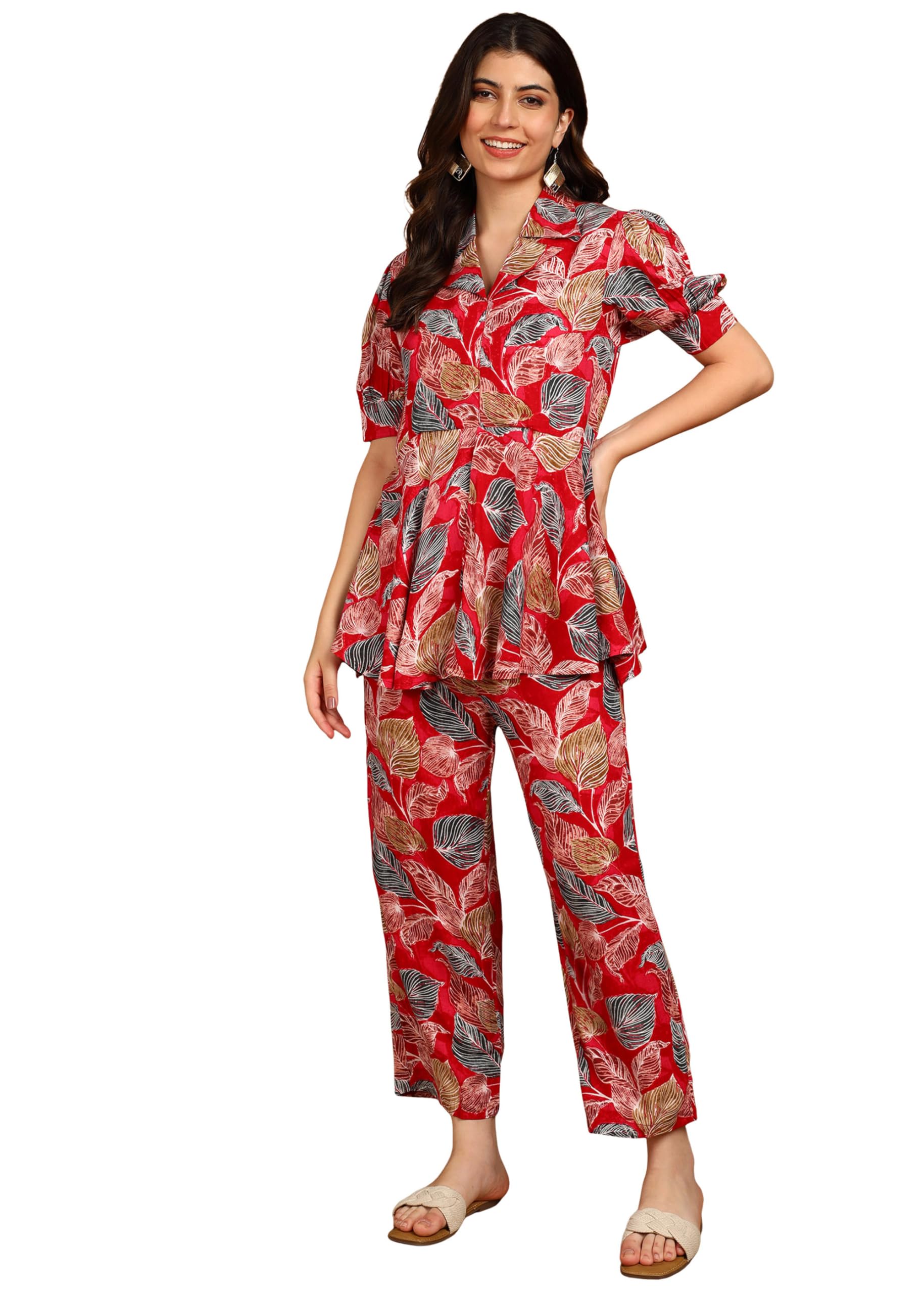 vahson Women's Red Leaf Printed Rayon Cotton Co-ord Set with Shirt Collar & Straight Pants-picture-23