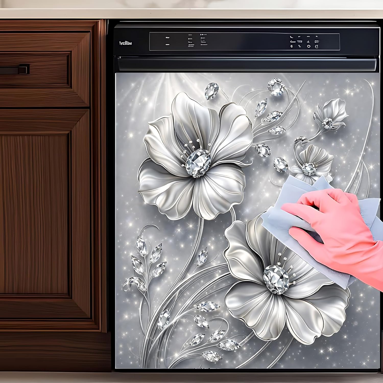 Dishwasher Magnet Cover, Dishwasher Magnetic Decoration, Embossed Flower-Themed Sticker, Dishwasher Refrigerator Protection Magnetic Kitchen Art Decoration 23x25.5 inches (Silver Embossed Flowers)