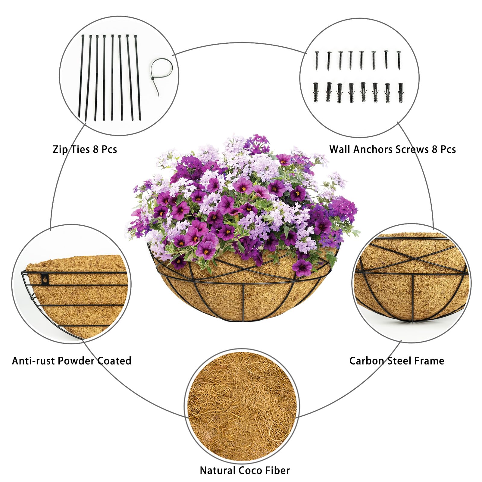 4 Stück 40,6 cm Fensterkästen Pflanzgefäße Geländer Pflanzkasten mit Kokosfaser-Auskleidungen Deck Geländer Pflanzkästen Balkon Hängender Blumenkasten Wandmontage Halbrund für Outdoor-Pflanzen Garten