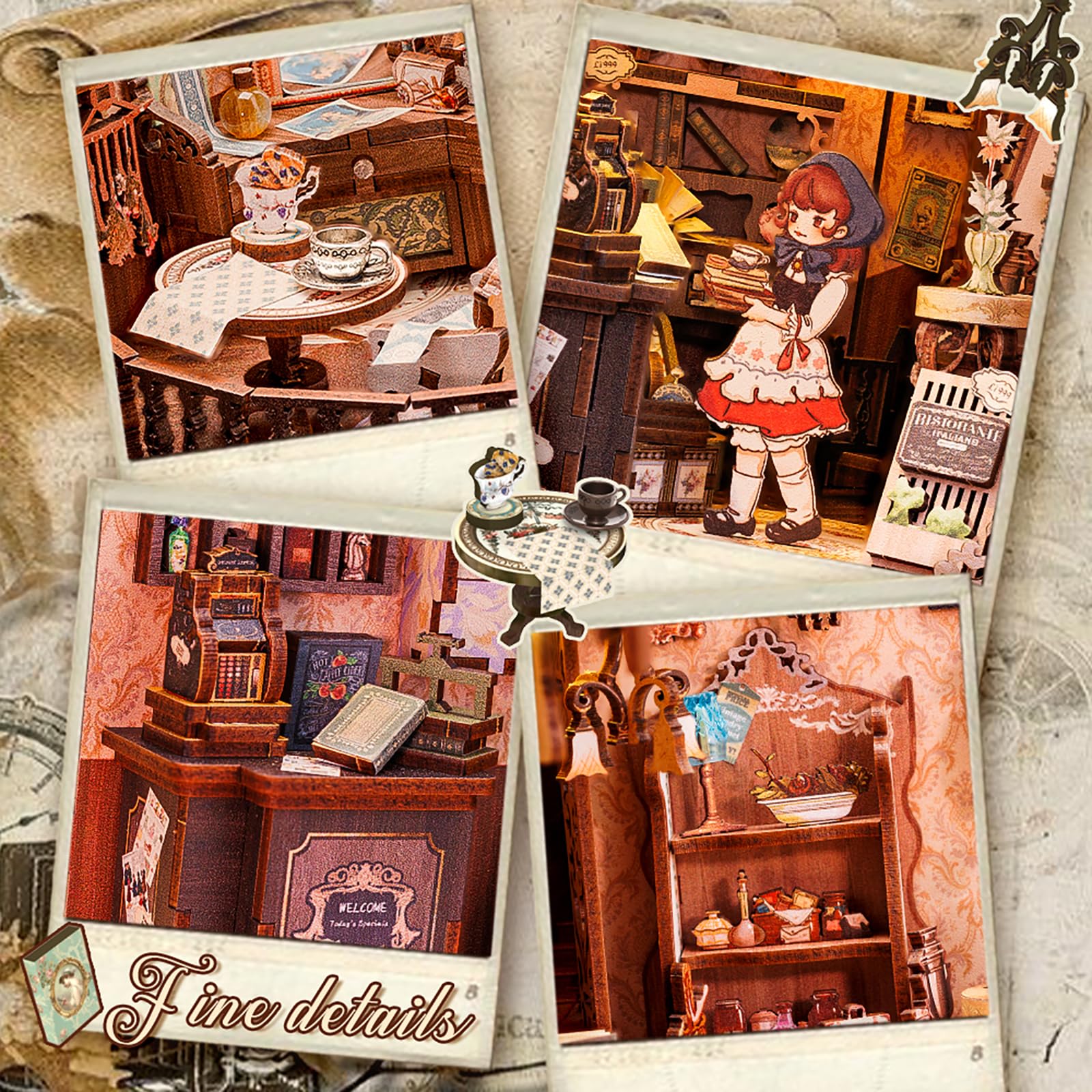 Cutefun DIY Book Nook Kit, Case delle bambole, Reggilibri Scaffale Inserto Decorazione con fogli di polvere plug-able e luce LED,Kit di Costruzione di Modellini in Legno per Casa delle Bambole(DC01B)