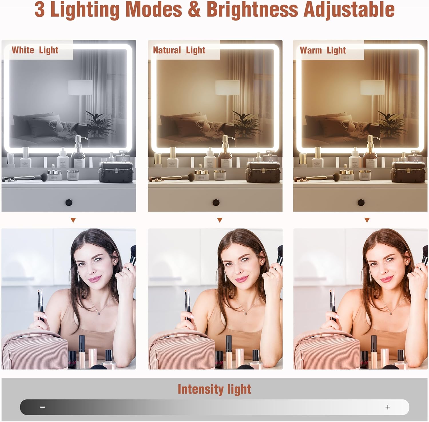 Small Makeup Vanity Desk Set with Mirror, 39'' Vanity Table 3-Colour Lights with 5 Drawers & Shelves for Bedroom Dressing Room Brown