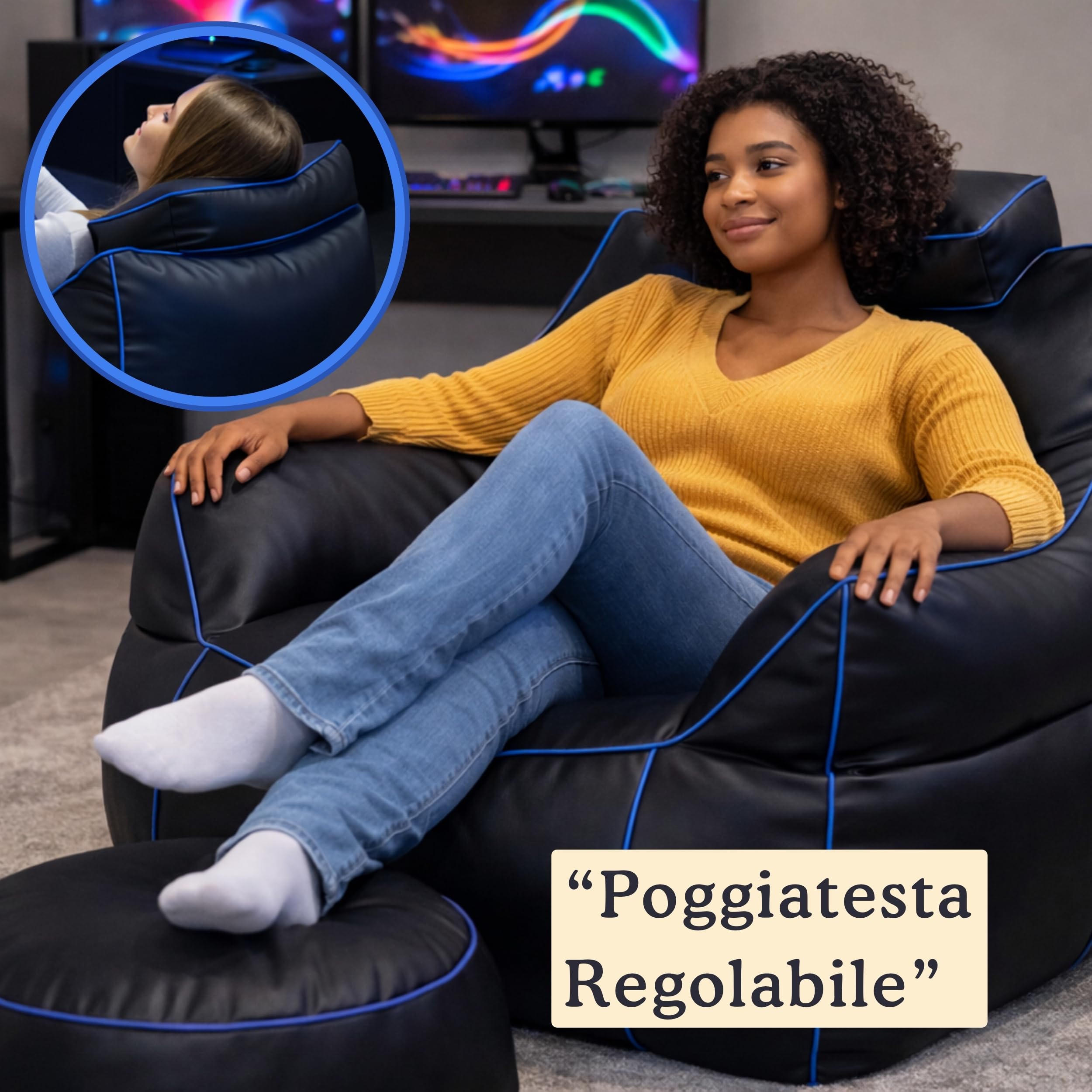 bananair - Set Pouf Poltrona Gaming XXL + Pouf rotondo - Comfort per relax e gaming - Poggiatesta regolabile, 2 tasche - Per divano, soggiorno e postazione gaming (110×100×90 cm, Blu)