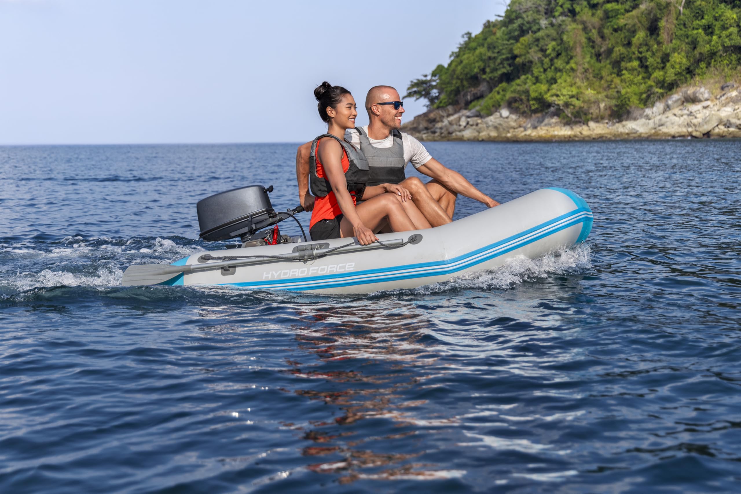Bestway Hydro Force Sportboot Komplett-Set Corinth Elite, 230 x 130 x 33 cm, 2 Erwachsene, bis 280 kg, 3 Luftkammern, TriTech-Material, aufblasbarer Boden, Motorenhalterung, Ruder, Pumpe, Tasche