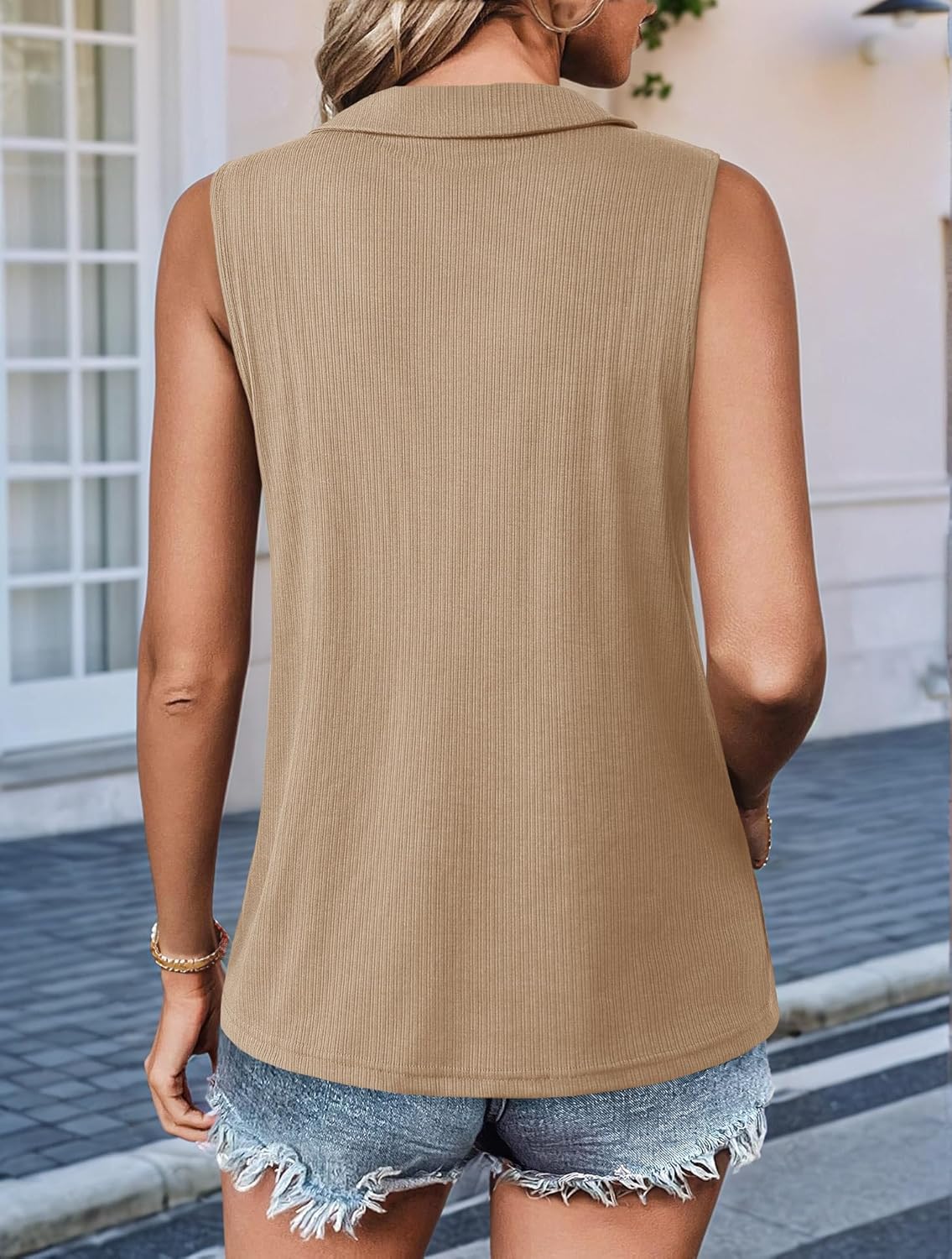 Imily Bela Women's Summer Sleeveless Tank Tops Zipper V Neck Ribbed Dressy Casual Blouses Loose Business Polo Shirts - Image 3