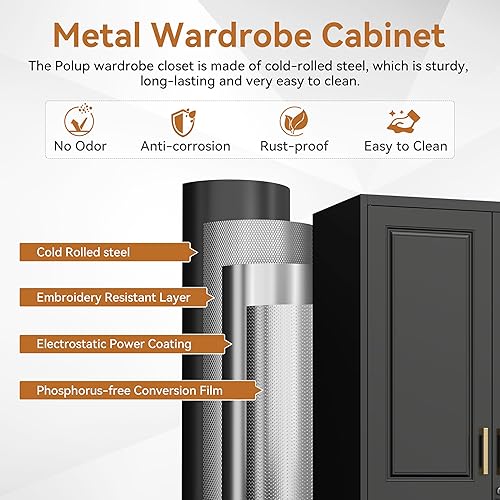 Miniatura 4 de Metal Armoire Wardrobe Closet with Lock, 71" Tall Wardrobe Cabinet with Doors, Hanging Rod and 3 Adjustable Shelves, Steel Clothing Storage Cabinet