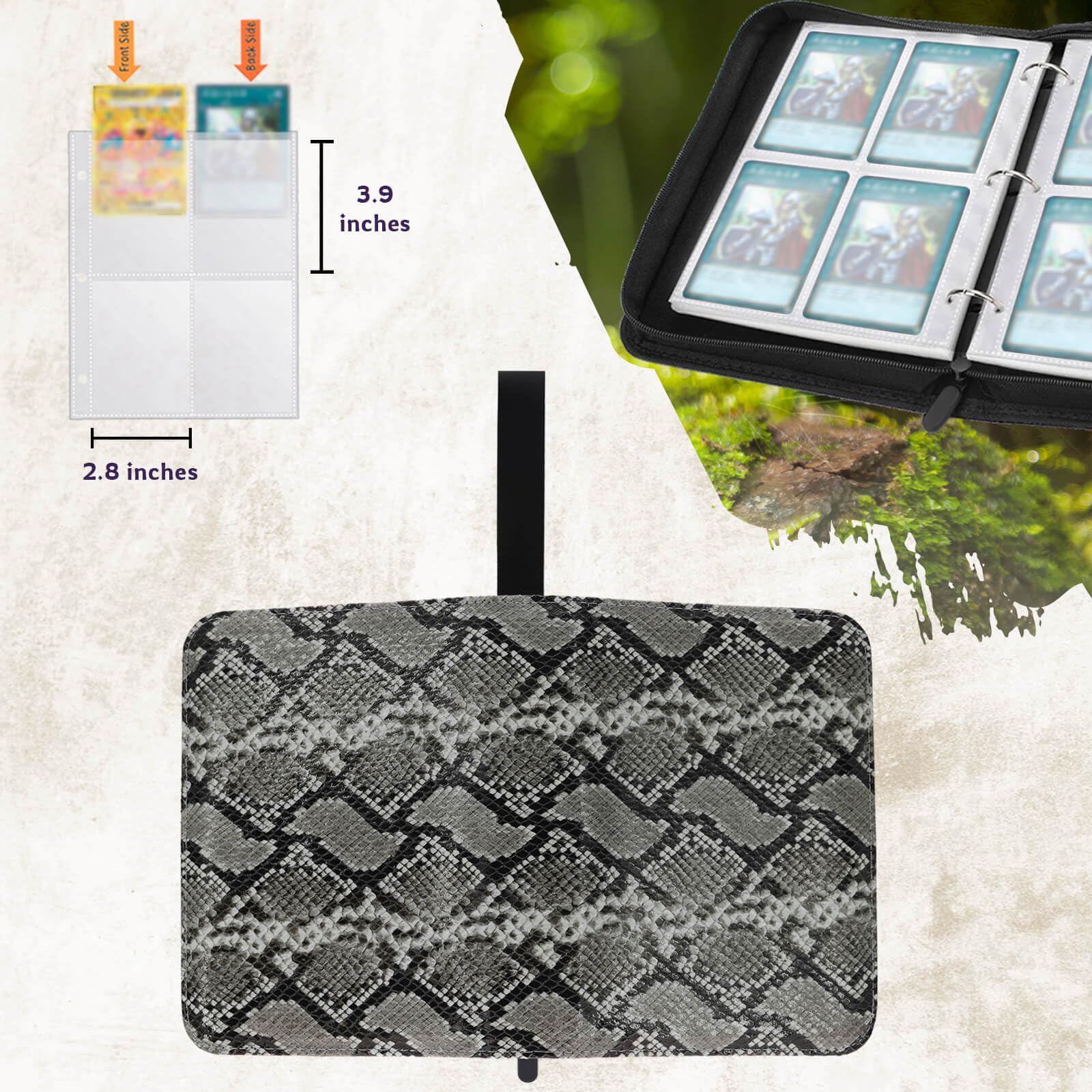 Trading Card Binder 4 Pocket, 400 Pockets Card Holder with 50 Removable Sleeves, Portable Collection Binder Album Book Case Storage, Zipper Card Protective Sleeves for TCG. (Grey & Black)