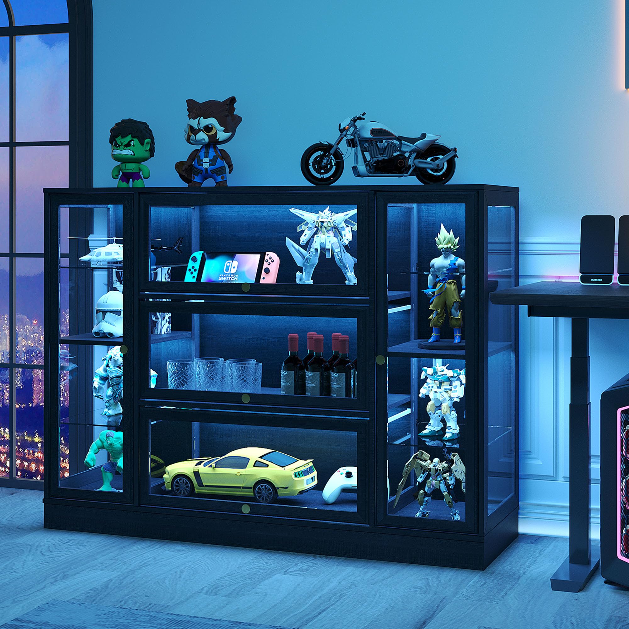 Display Cabinet with Acrylic Glass Doors,Extra Wide Curio Cabinet with LED Lighting for Collectibles, Collectibles Toy Organizers Rack & Display Shelf Display Case, Black Black 56" W x 42" H
