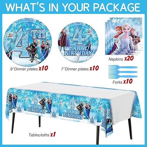 Miniatura 3 de Suministros para fiesta de 4 fiesta de Frozen con temática de 4 cumpleaños, incluye servilleta, mantel, platos, tenedor (4)