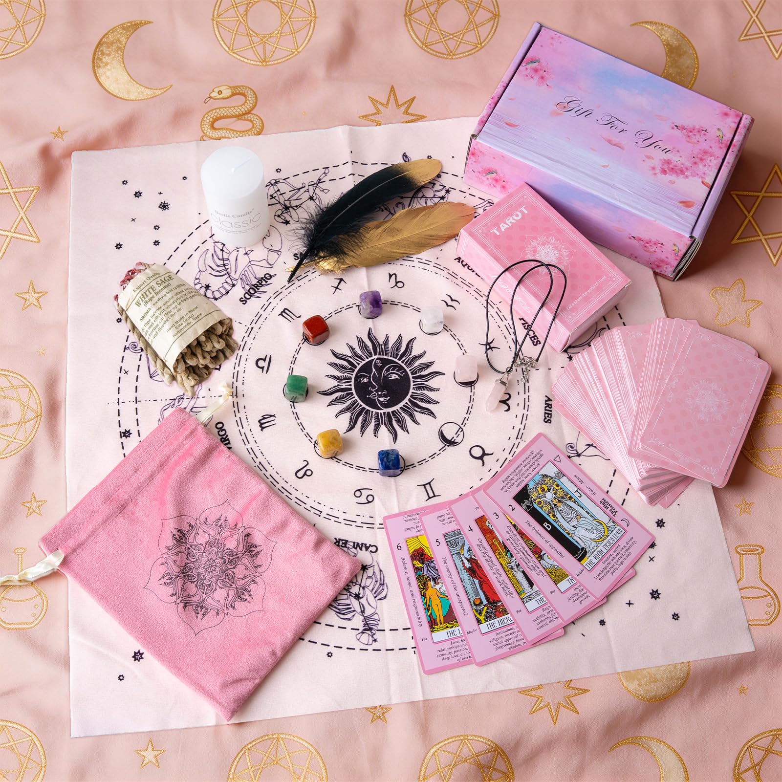 Myripoly Tarotkarten-Set zum Lernen, Tarotkarten-Set mit Bedeutungen für Anfänger, Tarot-Deck mit Tarot-Spreiztuch, Samtbeutel, Tarotkarten für Anfänger, Kristall