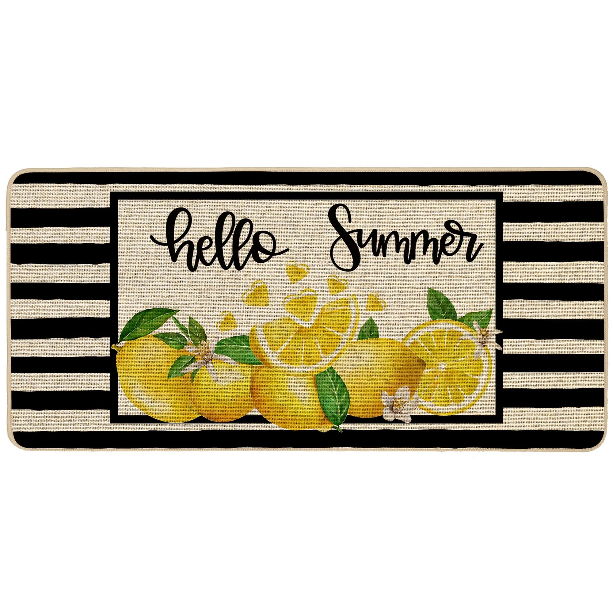 Baccessor Hello Summer Lemon Doormat Outdoor Outside Black Stripes Cool Cute Fruit Front Welcome Door Mat Rug Anti-Slip Rubber for Seasonal Kitchen