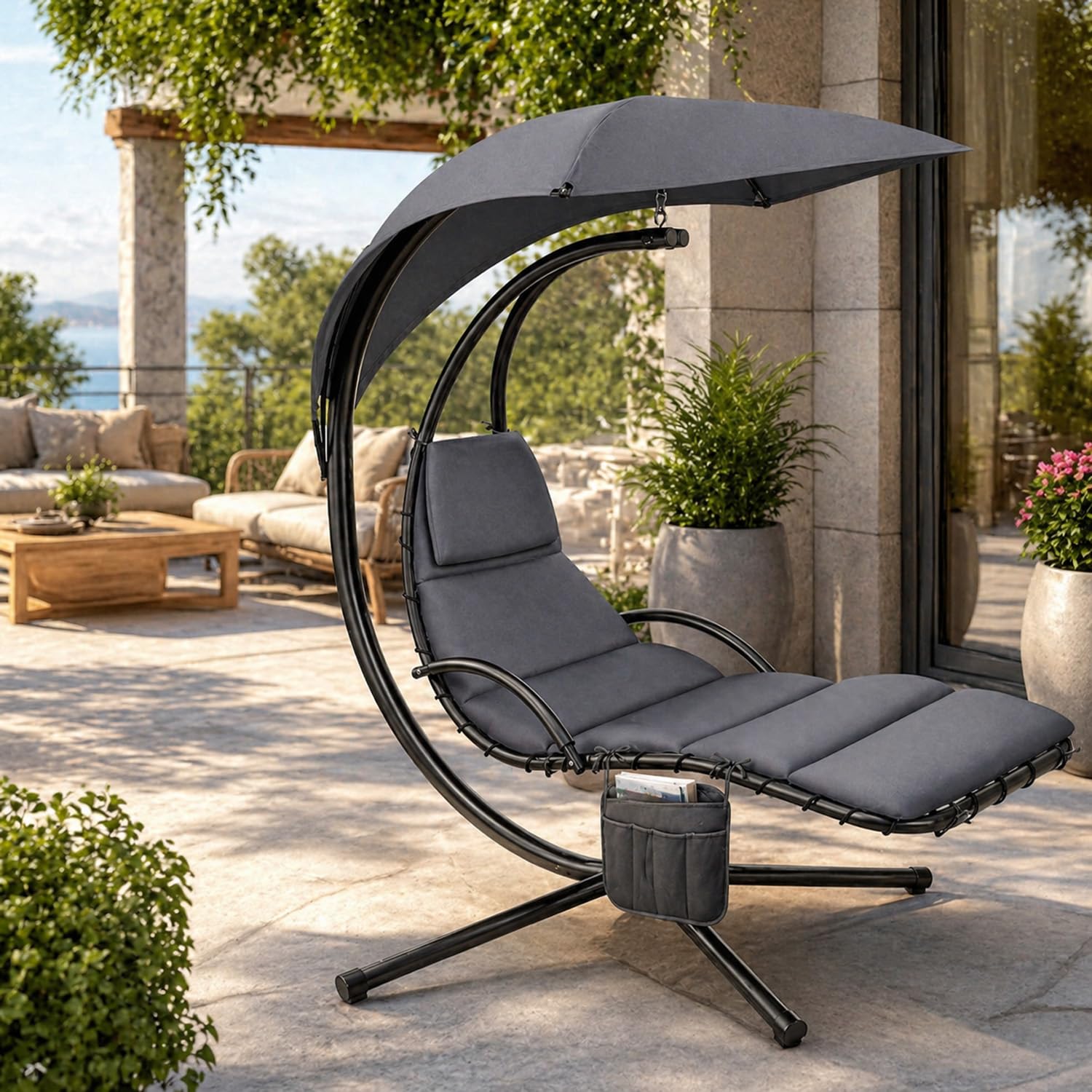 BRICOZONE Sdraio a Dondolo Sospesa con Ombrellone Parasole Integrato Cuscino Imbottito Amaca da Giardino in Acciaio e Poliestere per Esterno Terrazzo Bordo Piscina 195 x 132 x 197 cm Grigio
