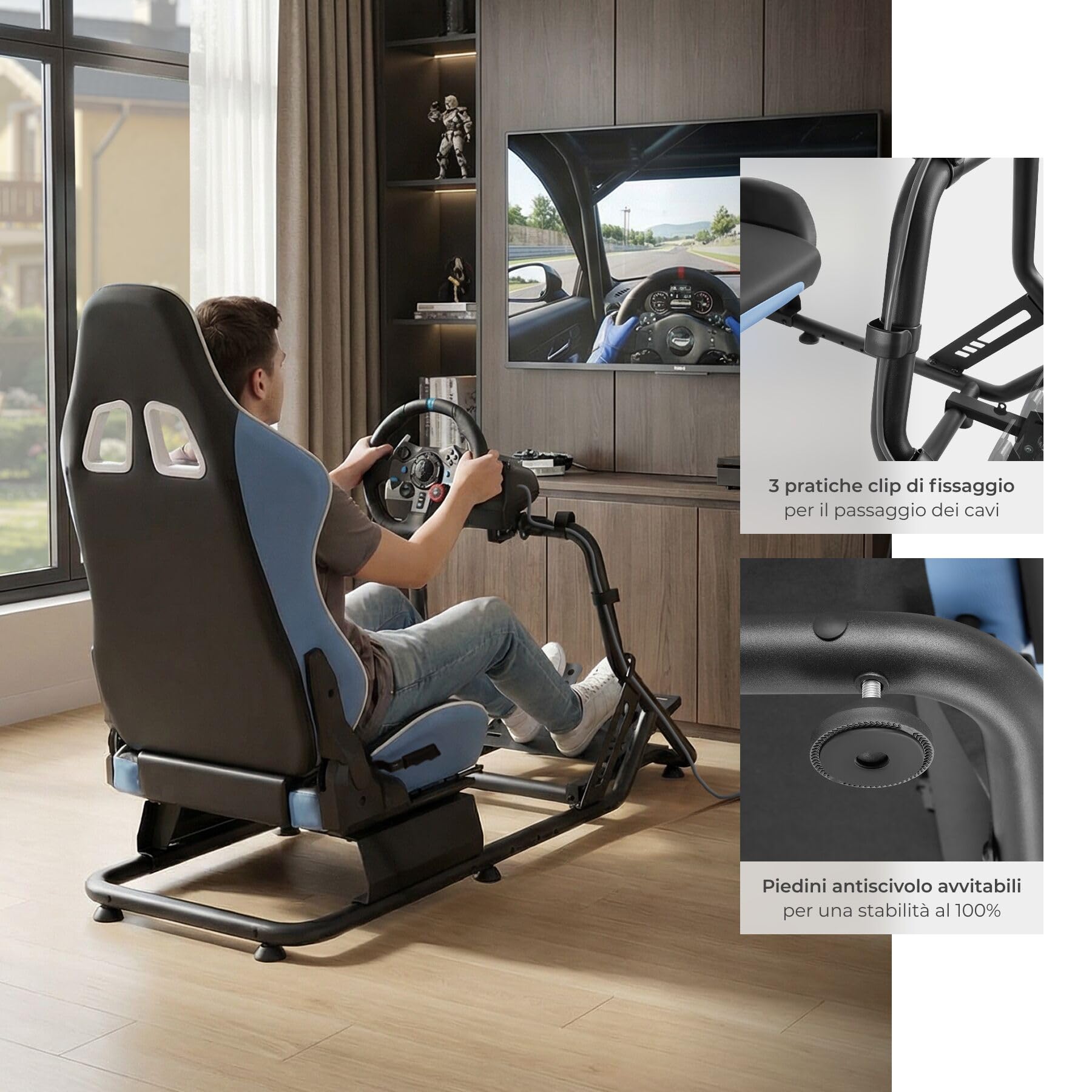 tectake® Sedia Gaming, Postazione Corsa Racing GT, Gaming Chair per Simulatore di Guida, adatto a vari Brand di Volante PC e Console, Seduta regolabile, cockpit sim racing in acciaio, Nero/Azzurro