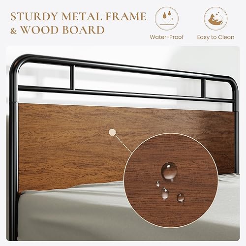 Miniatura 4 de SHA CERLIN Base de cama tamaño Queen con cabecera y estribo de madera, estructura de metal de esquina redondeada, listones resistentes con