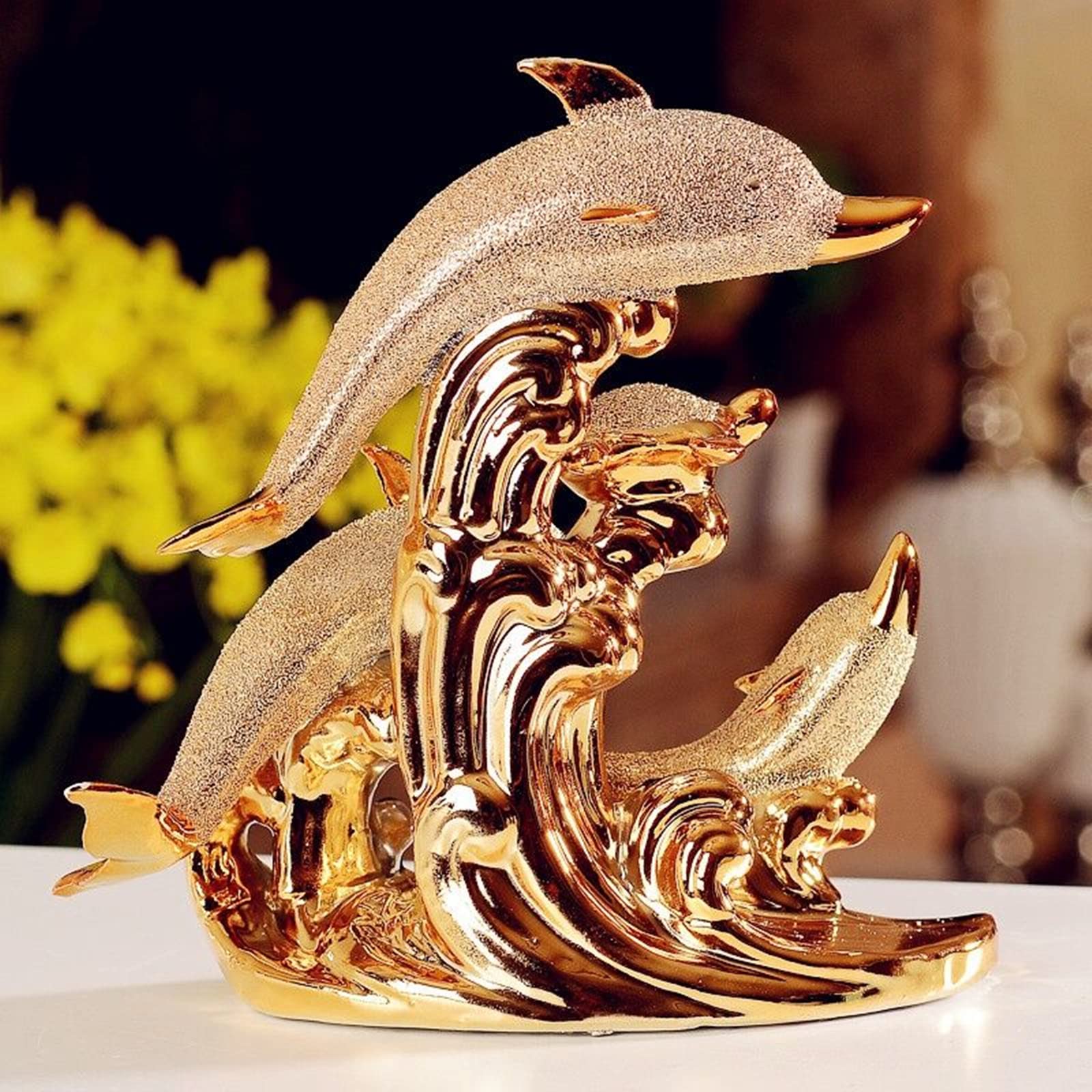 YUANXIN Estatua de Delfines Decoración de Delfines para el hogar Cerámica Decoraciones de Delfines Decoraciones de Animales Muebles para el hogar Moda Lujo Elegante Regalos de Boda (Oro)