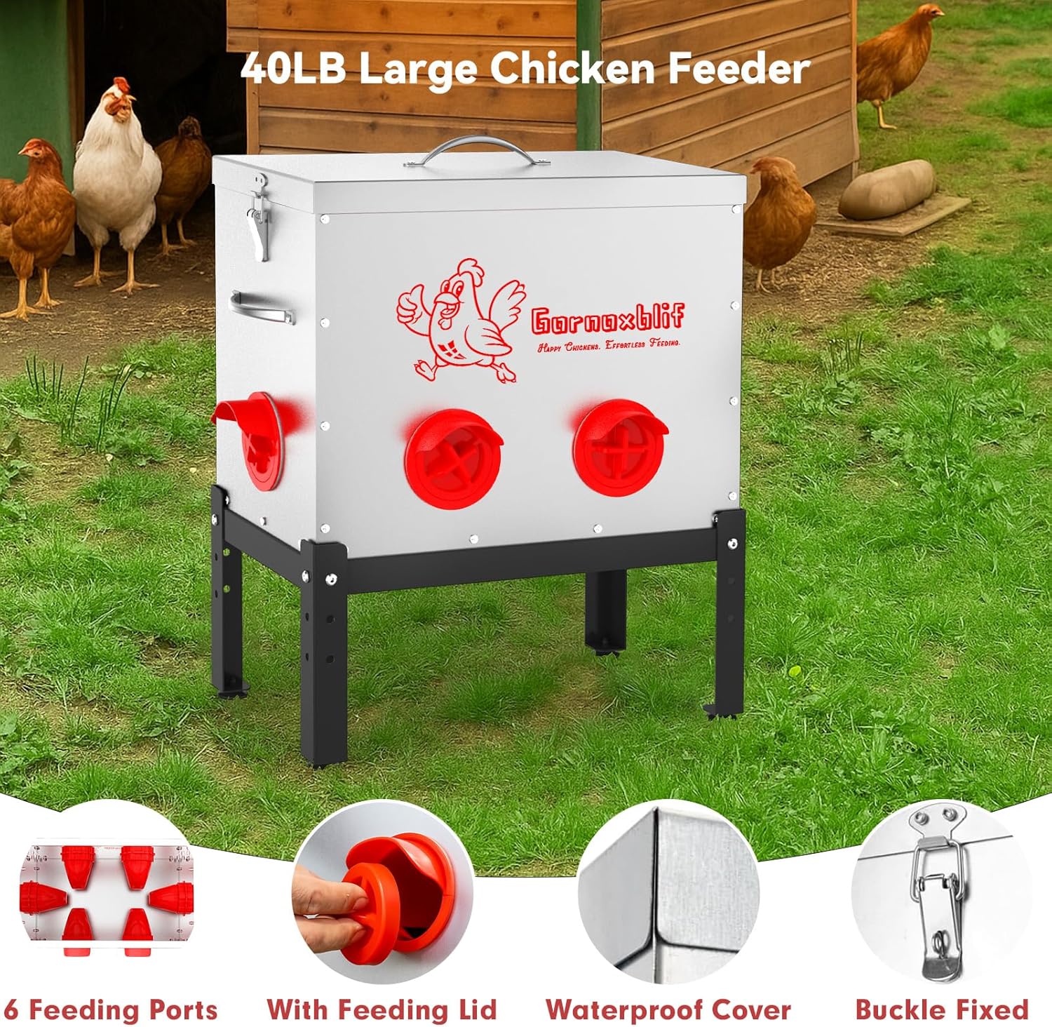 40 LB Large Automatic Chicken Feeder, 6 Port Metal Chicken Feeders, No-Waste Poultry Feeder with Adjustable Legs & Locking Lid, Weatherproof Large Chicken Feeder for Inside Chicken Coops