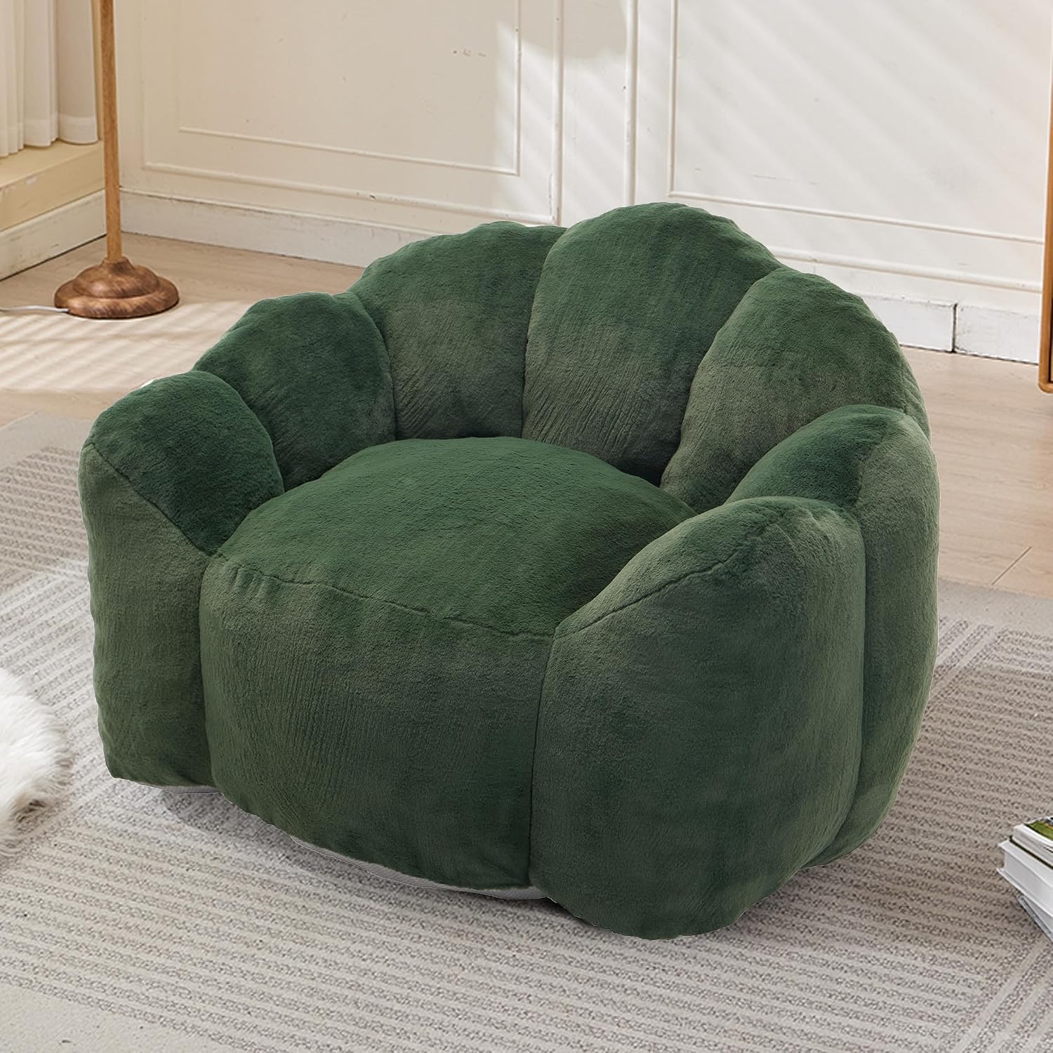 Lotus Petal Bean Bag Chair for Adults, Memory Foam Filled Lounge Sofa, No Assembly Compression Couch with Handle, Modern Floor Chair for Living Room Bedroom, Green