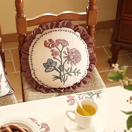 Miniatura 4 de ISAENNE Design Linen - Juego de 2 fundas de almohada de lino vintage de 16 pulgadas de diámetro, fundas de cojín redondas con patrón de hojas