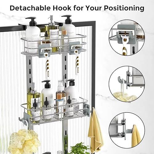 Miniatura 6 de ODesign Organizador de baño ajustable sobre la puerta con 4 ganchos, organizador de ducha negro para colgar sobre la puerta, 3 niveles