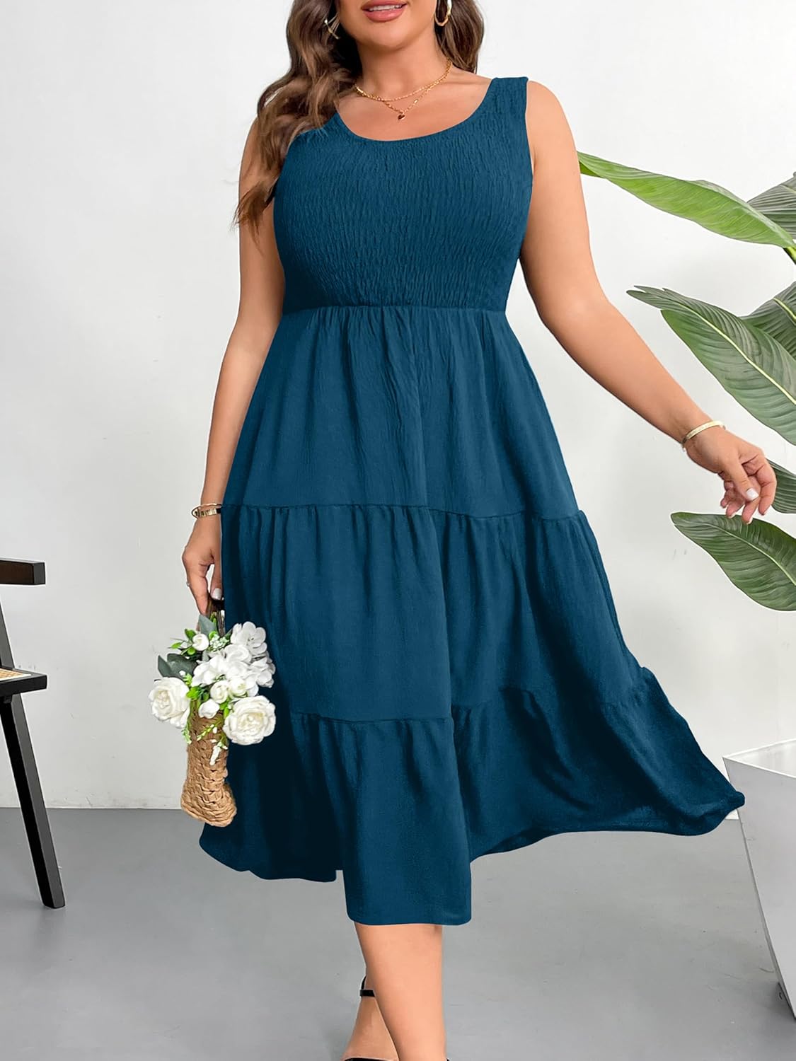 RWJ Plus Size Summer Sleeveless Tank Dress for Women 2025 Smocked Casual Loose Sundress Flowy Beach Tiered Long Midi Dresses - Image 5