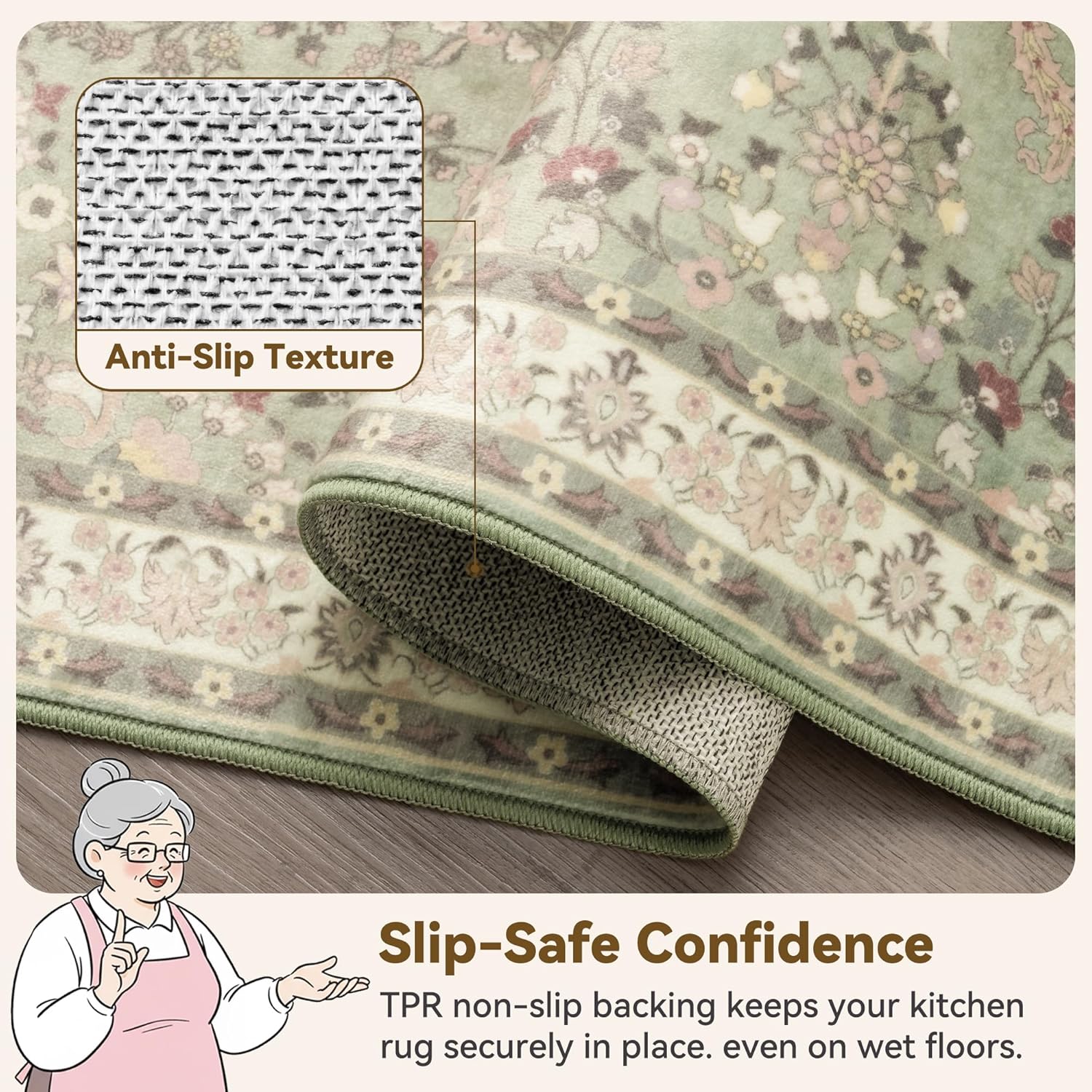 GRANNY SAYS Boho Bathroom Runner 47"x 18" Non-Slip,Quick Dry & Washable Vintage Bath Rug,Distressed Farmhouse Plush Velvet Bath Mat for Sink Shower and Bathtub, Flower Green