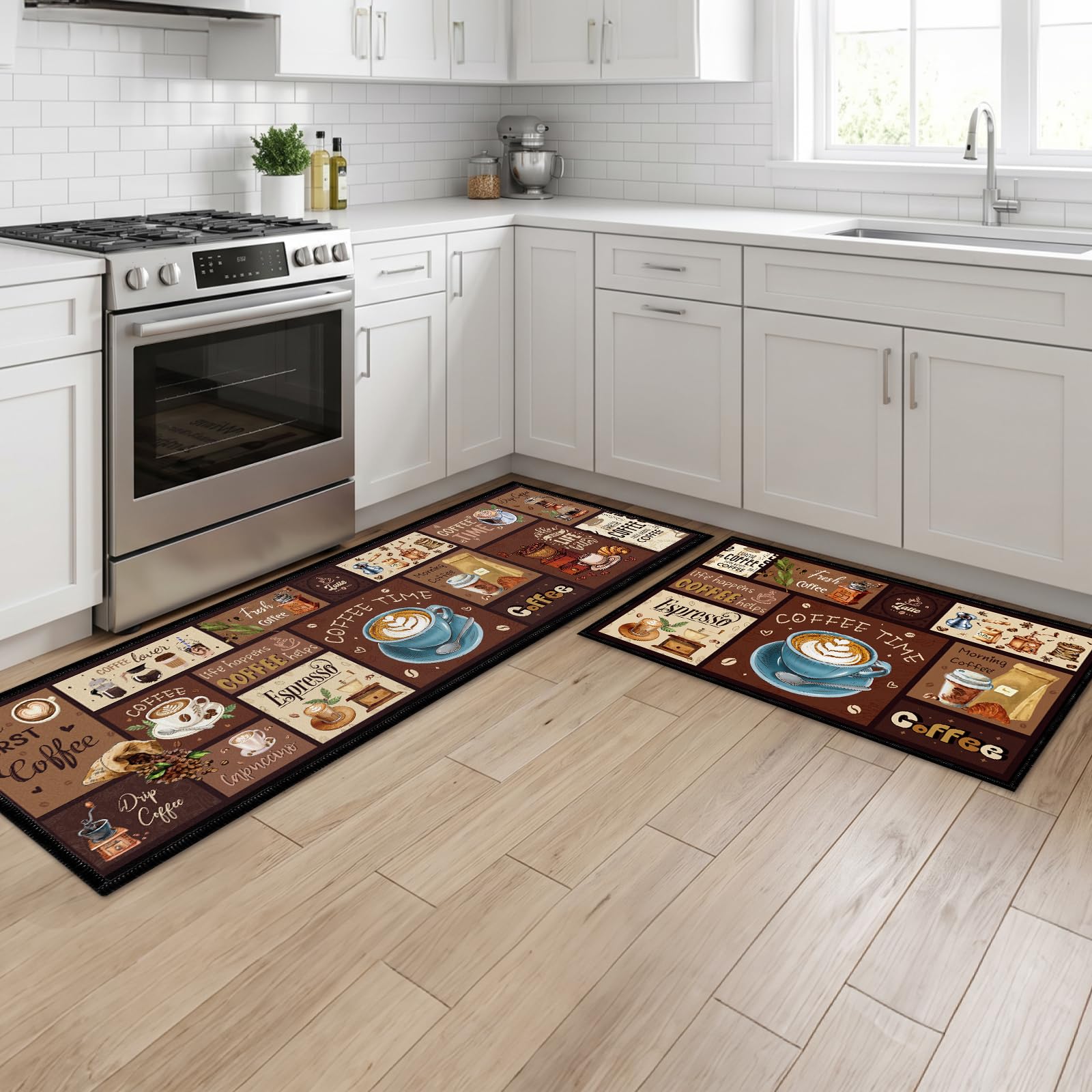 Luvart Kitchen Mats and Rugs Washable, Vintage Coffee Kitchen Runners Non Slip Set of 2, Washable Rug Carpets for Home Standing Decoration(43x75 cm+43x150 cm)