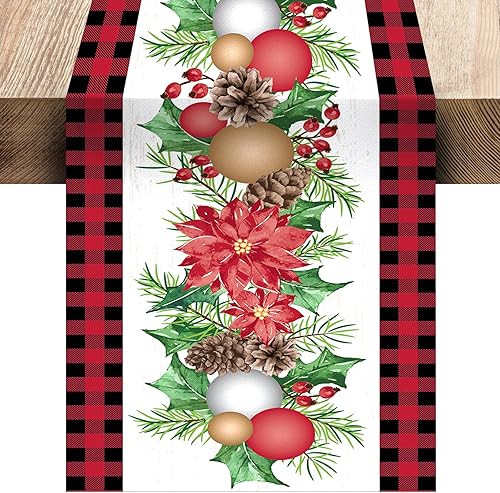 Camino de mesa de bola de Navidad, búfalo a cuadros, flor de pascua, flor de pascua, piño, camino de mesa, decoración de mesa de comedor para