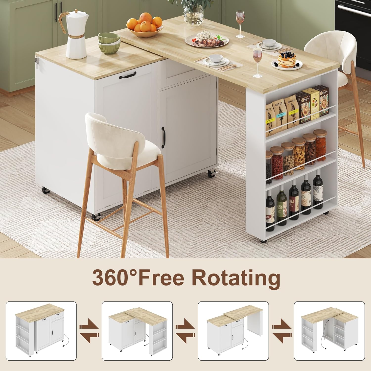 72.4” Kitchen Island with Trash Can Cabinet and Power Outlets, Rolling Kitchen Island Cart with 360°Swivel Extendable Dining Table, 6-Tier Spice Rack，Mobile Wooden Island Table for Kitchen,Dining Room