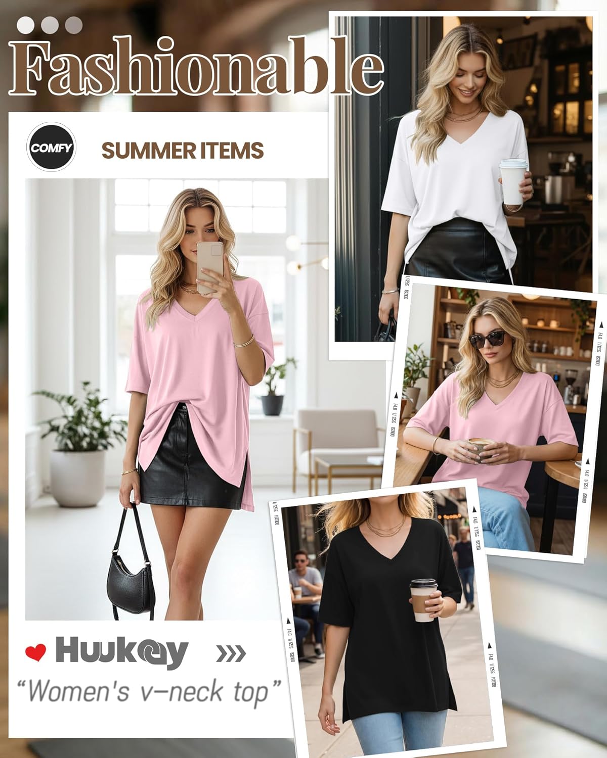 Huukeay 3 Pack Oversized Shirts for Women V Neck Workout T Shirt Casual Side Split Tee Short Sleeve Loose Tops Tunic Tops - Image 2