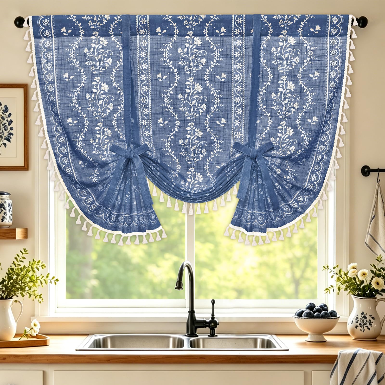 Yinhua Boho Tie Up Curtains for Windows Vintage Linen Valance Light Filtering Floral Valance Rod Pocket Rustic Adjustable Tassel Window Valances for Bathroom, 42" W X 45" L, Blue