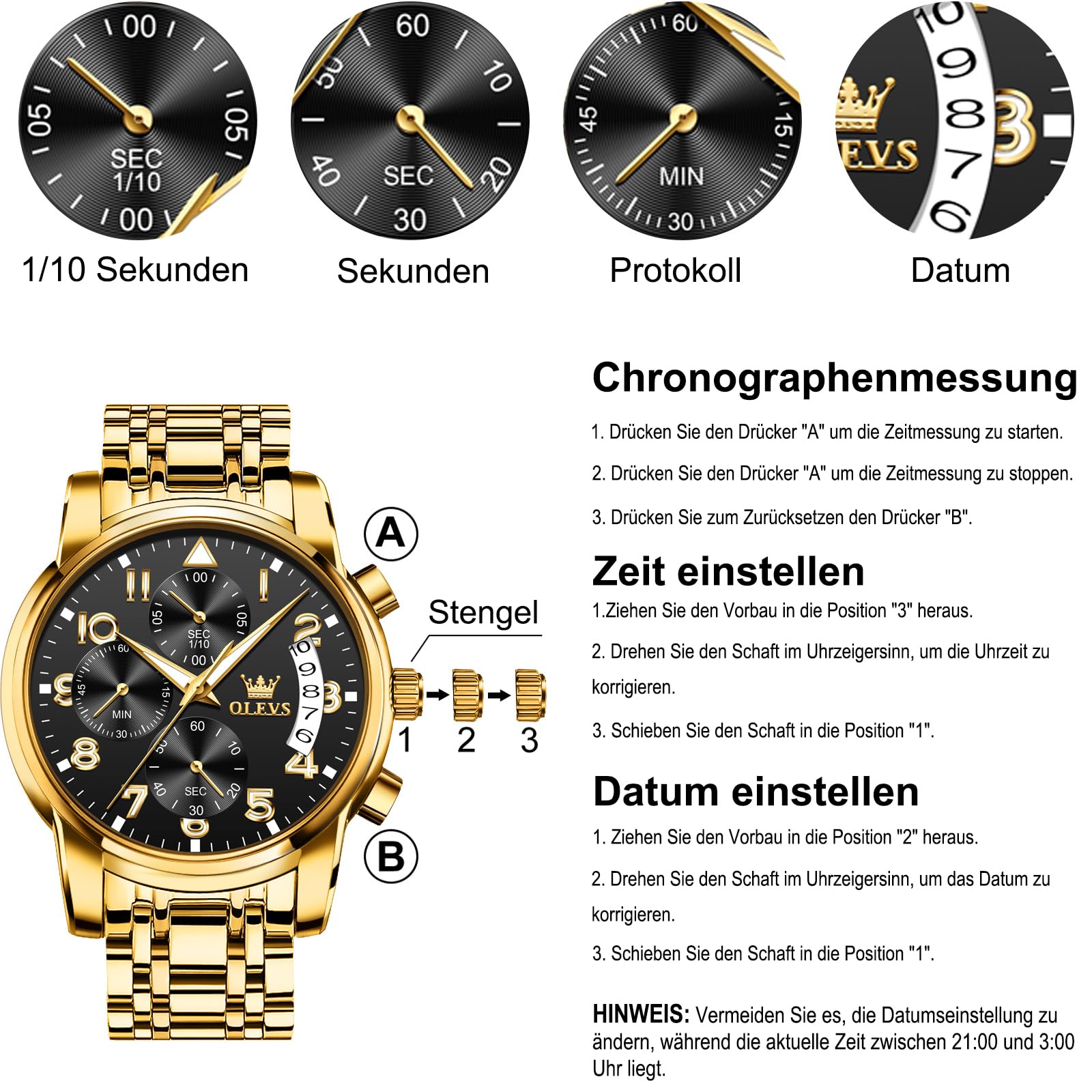 OLEVS Edelstahl Herrenuhren Chronograph Modern Quarz Analog Armbanduhr Herren mit Datum Diamant Leuchtende Uhren Herren Metallarmband Geschenke für Männer
