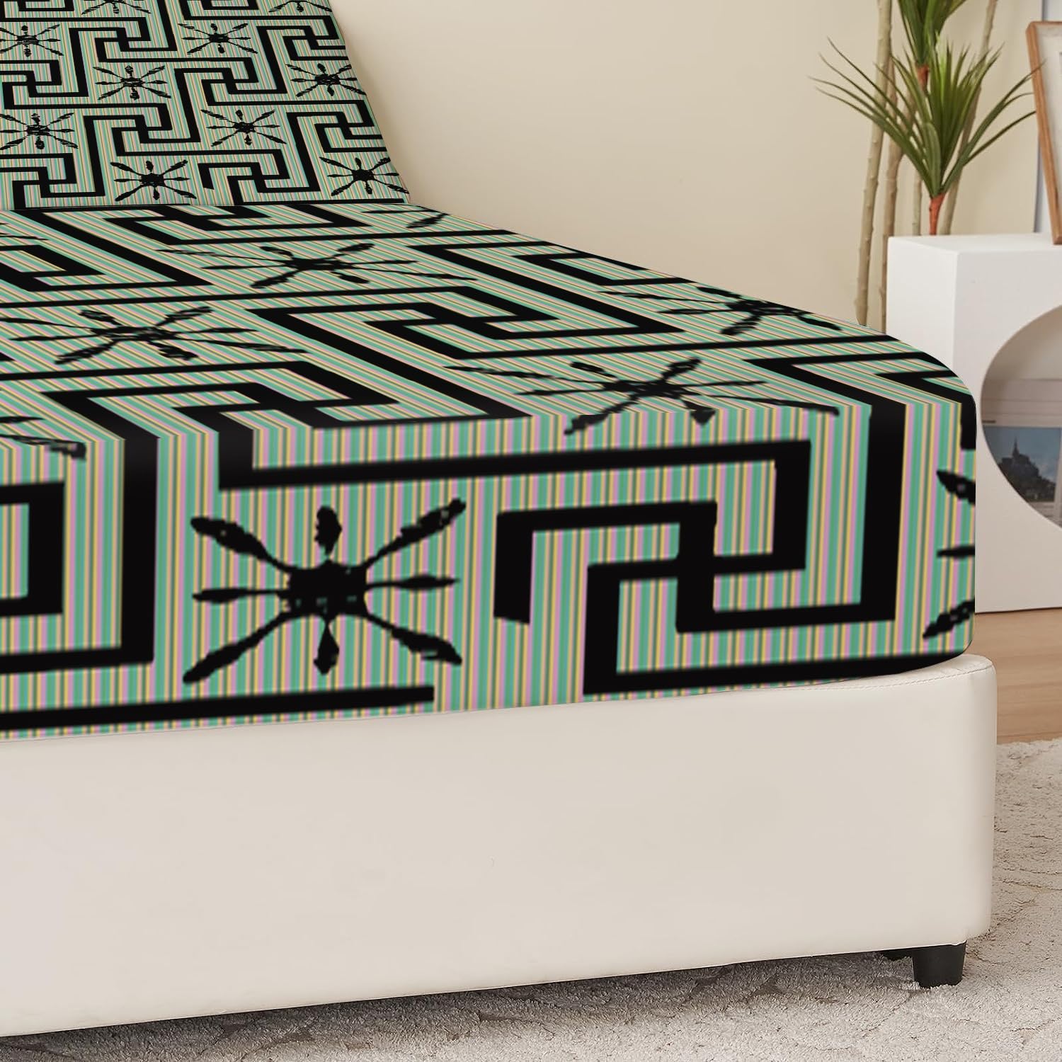Spannbettlaken 160x200cm Geometrische Linien Kinder Spannbetttuch für Jungen Mädchen Jugendliche Dekor Bettlaken Set 3D Gedruckt Matratzenbezug mit 2 Kissenbezügen