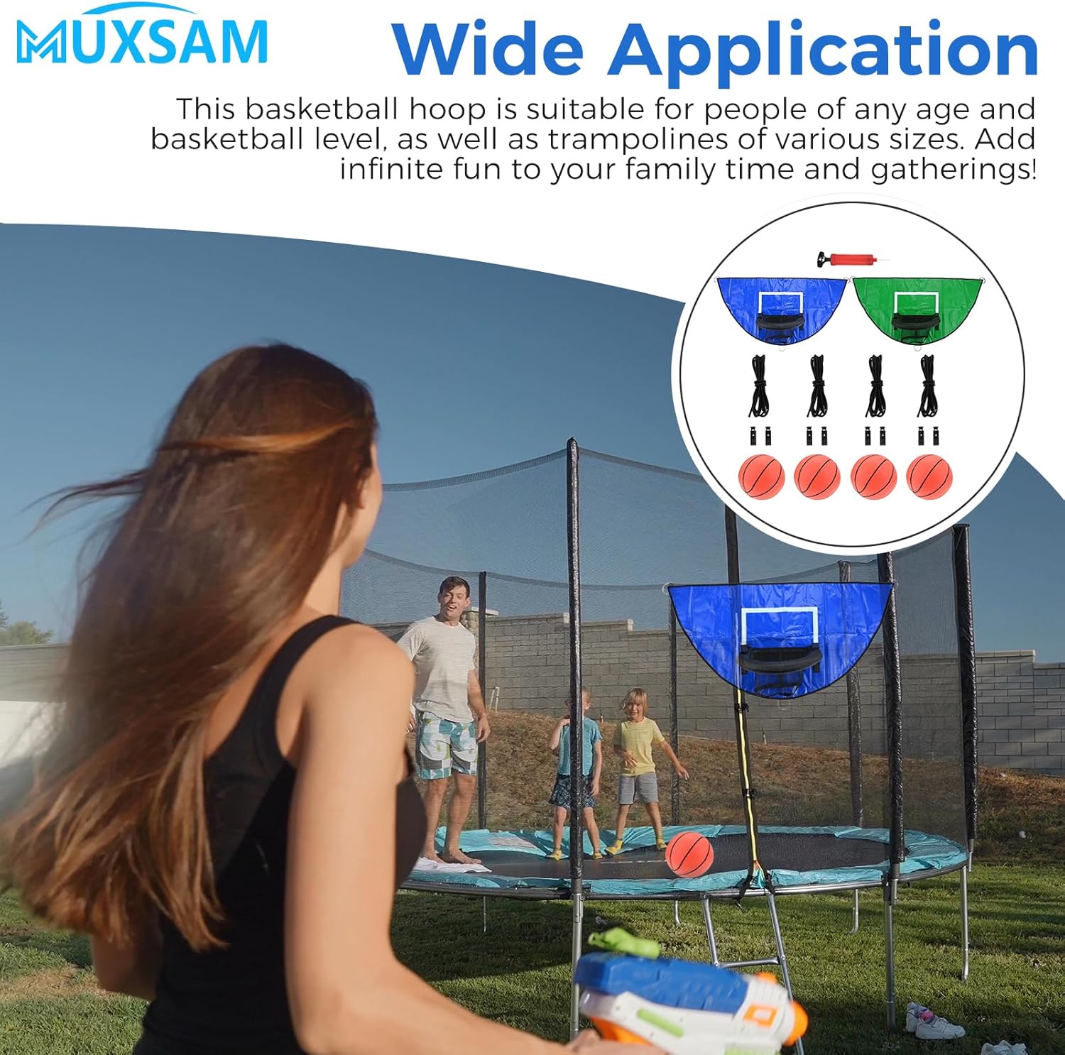 MUXSAM 2 Pack Trampoline Basketball Hoop Accessories Mobile Basketball Hoop with Pull, Pump and Mini Balls for Basketball Game Outdoor Activities, Blue and Green