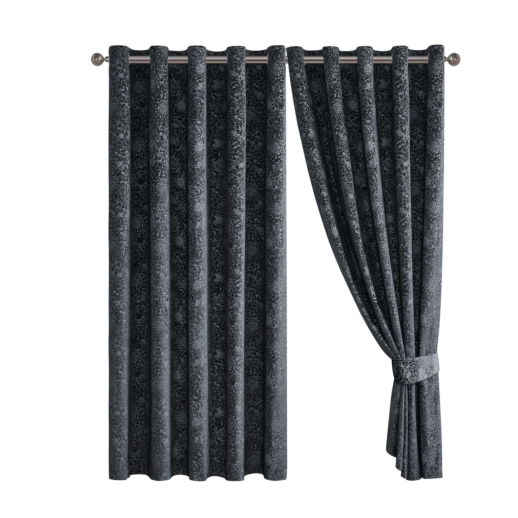 Floral Jacquard Velvet Curtain Pair - Heavyweight and Noise Reducing - Room Darkening Eyelet - Fully Lined for Thermal Insulation - Includes Two Tiebacks (Charcoal, 66" x 90" (168 x 228 cm))