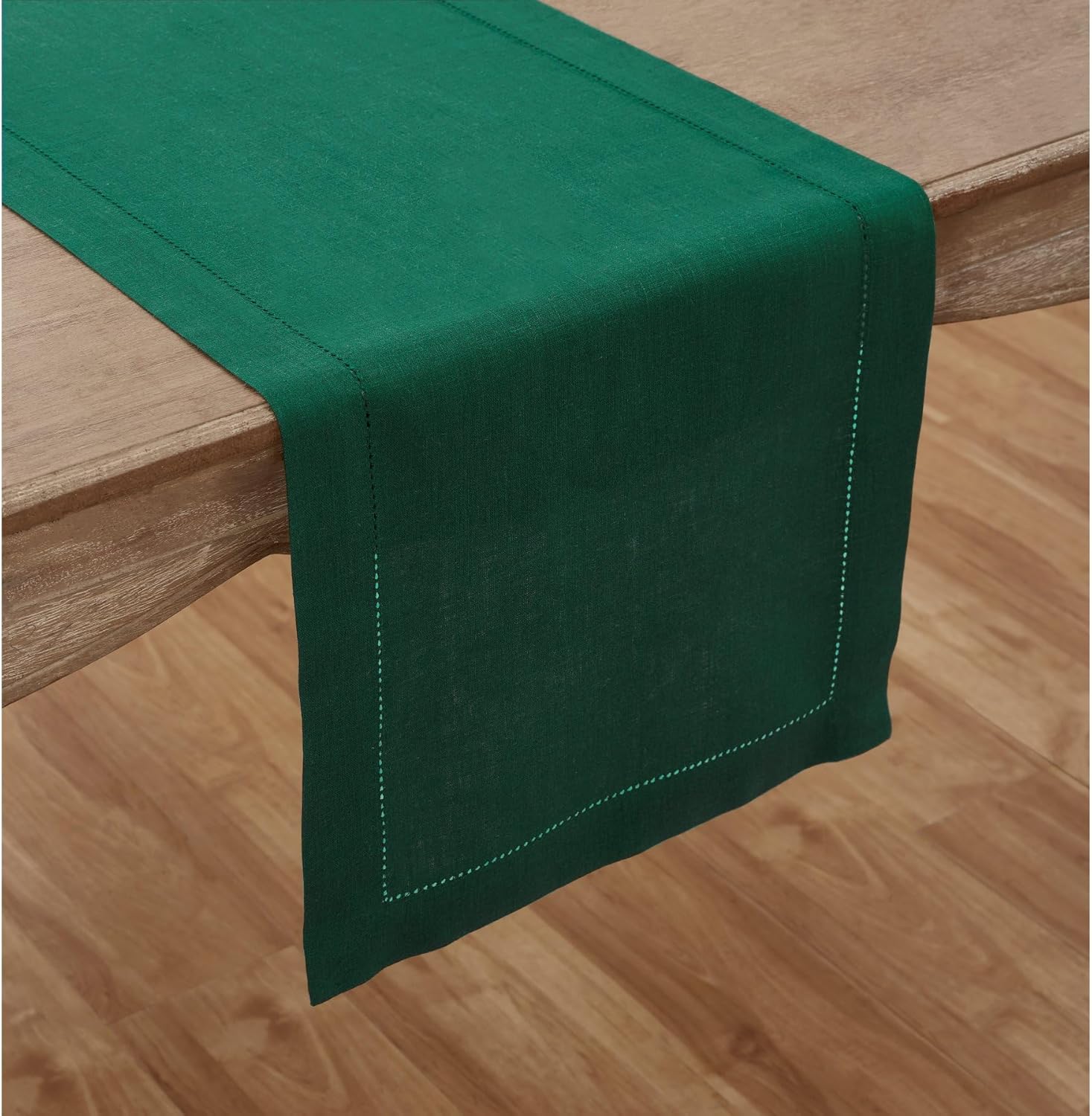 Solino Home Linen Rainforest Green Table Runner 72 Inches Long - 100% Pure Linen Hemstitch Table Runner 14 x 72 Inch for Dresser, Dining - Classic Hemstitch