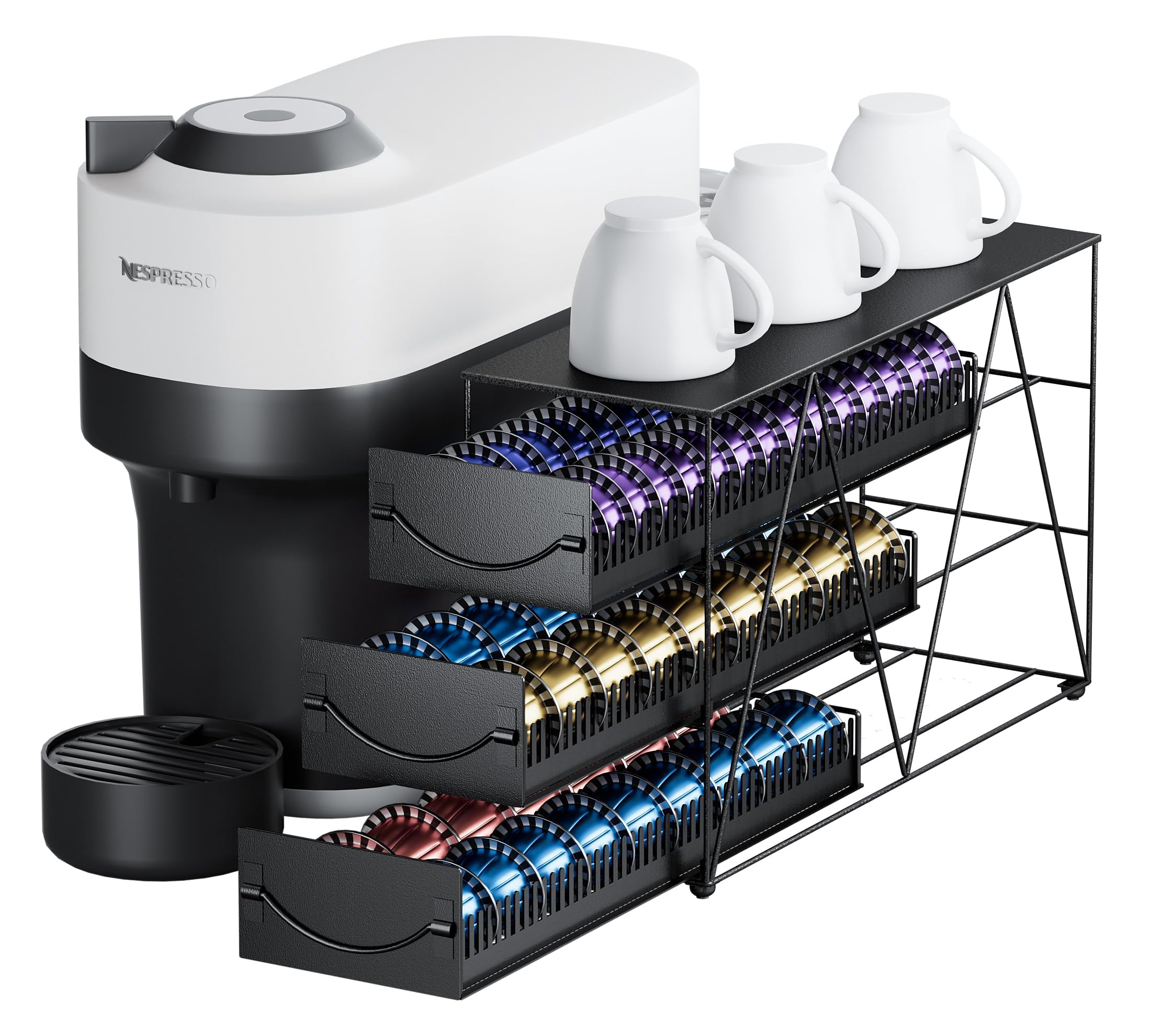 Le tiroir HFHOME peut contenir 90 dosettes Vertuo, organisateur de dosettes N à 3 niveaux, support de rangement de capsules de café en métal - Comptoir de café de cuisine à domicile.