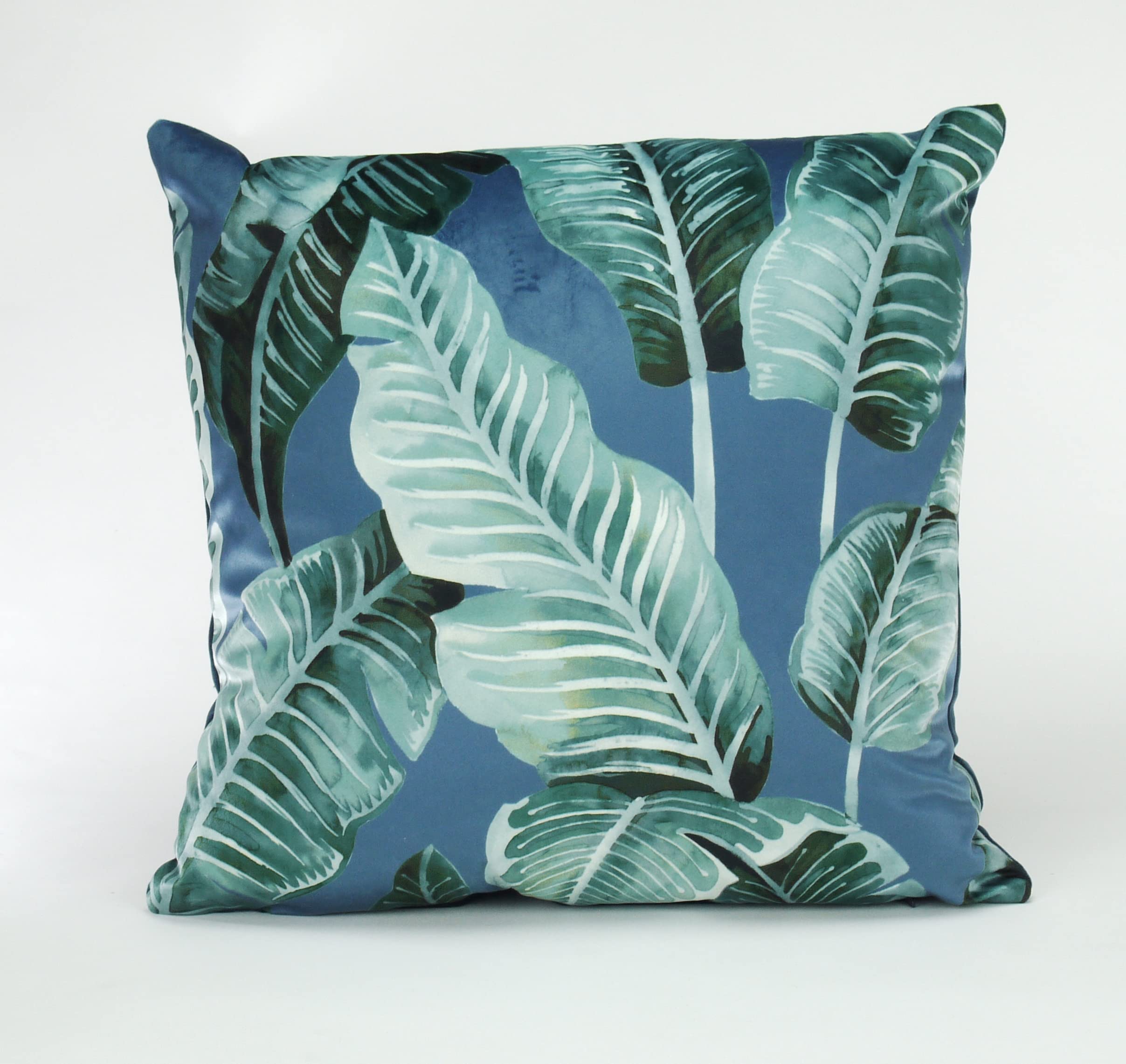 CB Home Printed Velvet Tropical Leaf Cushion Cover in Blue with Plain Velvet Reverse