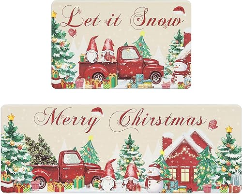 U'Artlines 2 alfombras y tapetes de cocina antifatiga, diseño de árbol de gnomo de Feliz Navidad, camión, espuma antideslizante, acolchadas,