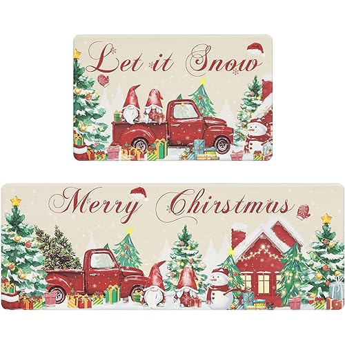 U'Artlines 2Pcs Anti Fatigue Kitchen Rugs and Mats, Merry Christmas Gnome Tree Truck Non Slip Foam Cushioned Kitchen Floor Mats Comfort Standing Mats for Home Decor