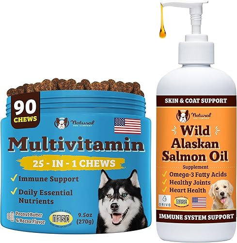 Natural Dog Company Paquete de bienestar para perros, aceite de salmón para perros, multivitamínico y suplemento, alivio de la picazón