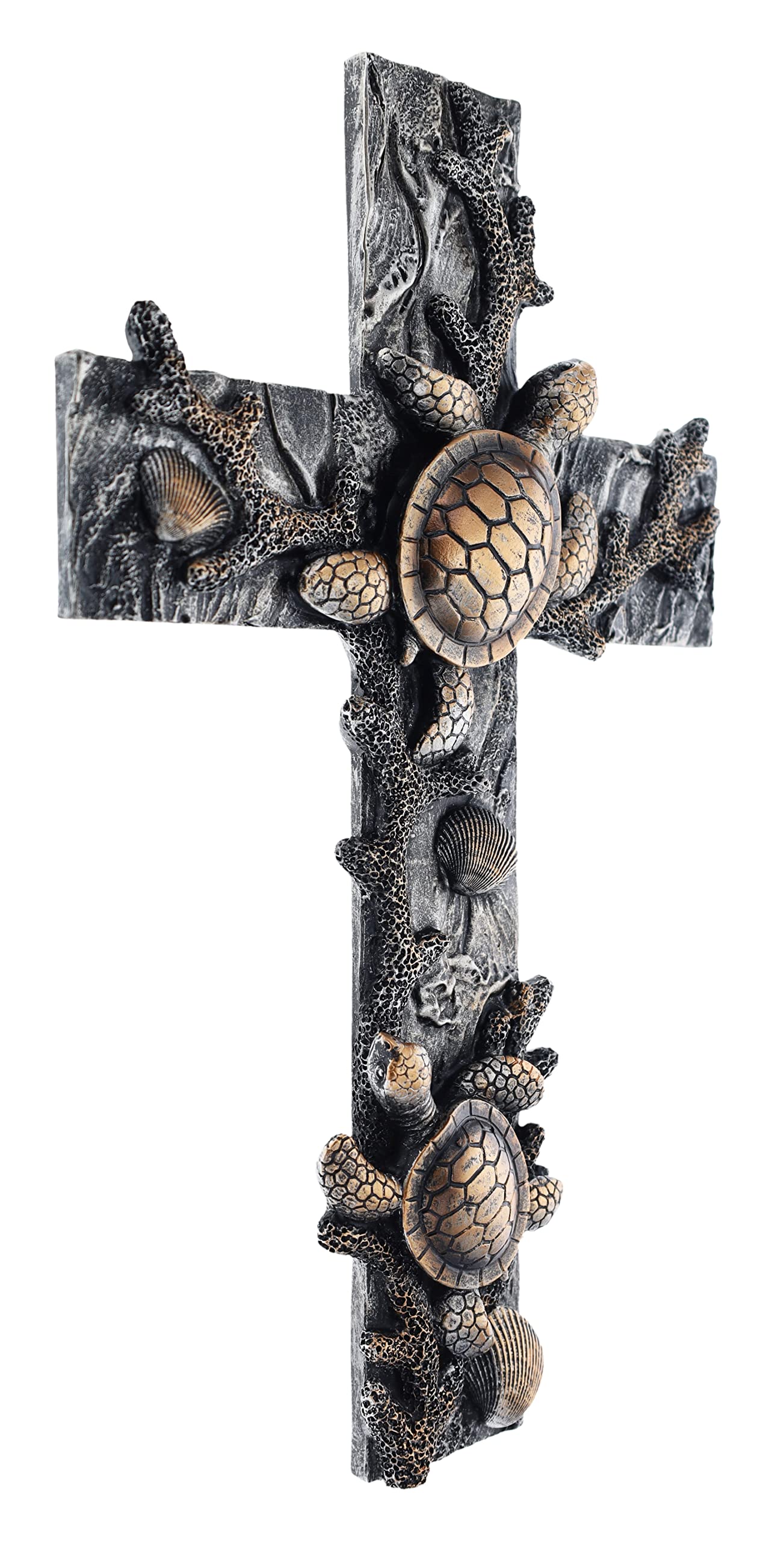 Top Brass Large Sea Turtle Seashell Coral Wall Cross - Nautical Ocean Beach Decor Art Sculpture