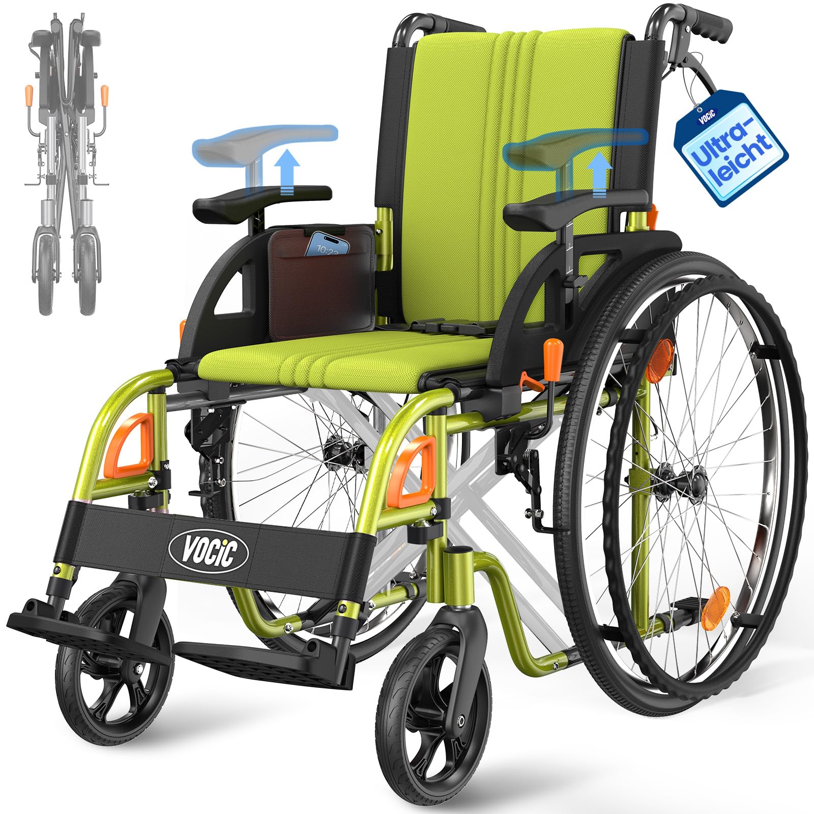 VOCIC U32 Rollstuhl Faltbar Leicht 14.5KG,Rollstuhl mit Selbstantrieb&Transport bis 136KG,Doppelbremse,Verstellbare Griffe&Armlehnen,60CM Pannensichere Räder,Aluminium,Schmaler Rollstühle|Grün