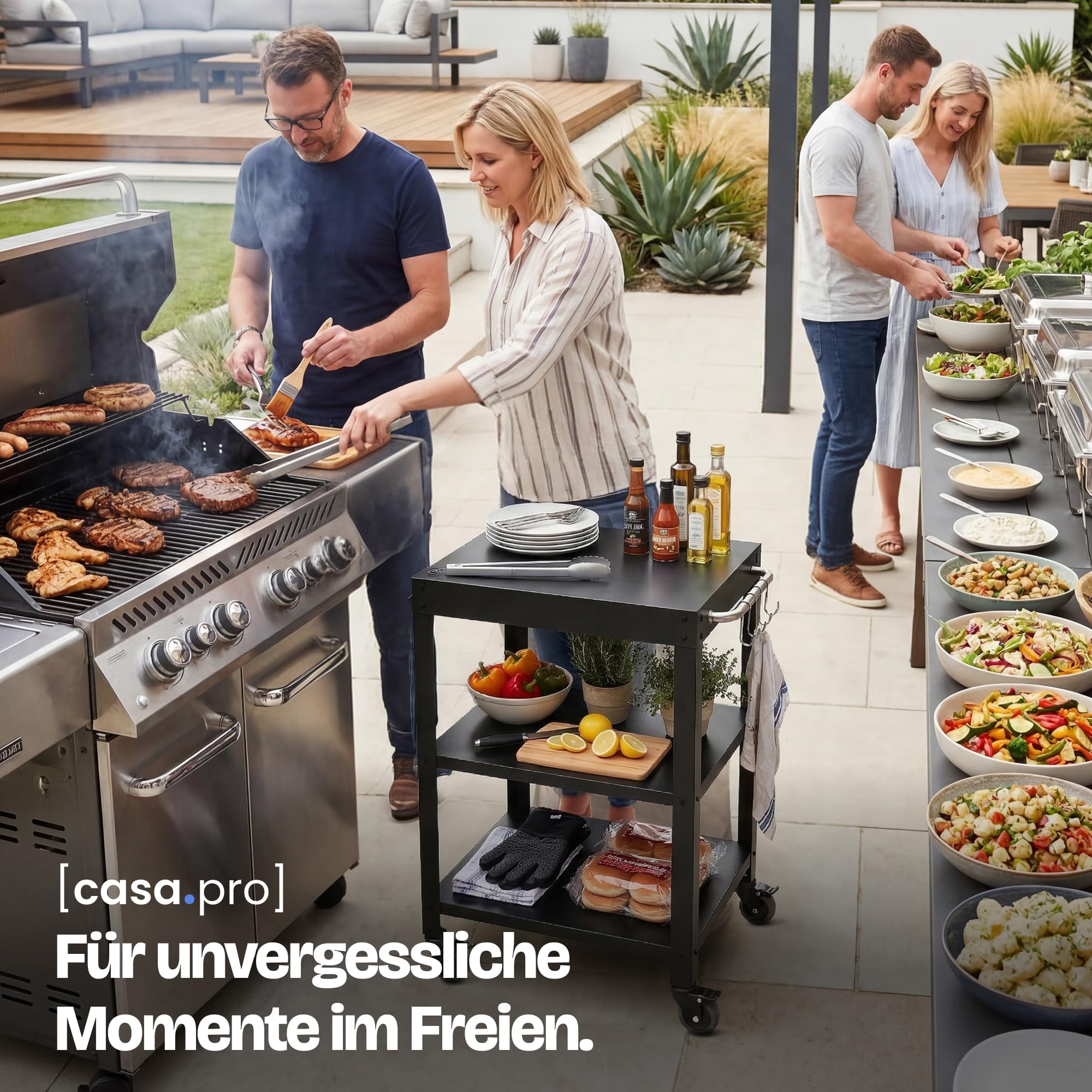 casa.pro Outdoor Servierwagen Bolognano Garten Rollwagen Stahl 81 x 50 x 50 cm Grillwagen mit 4 Haken Rollen mit Feststellbremsen Schwarz matt