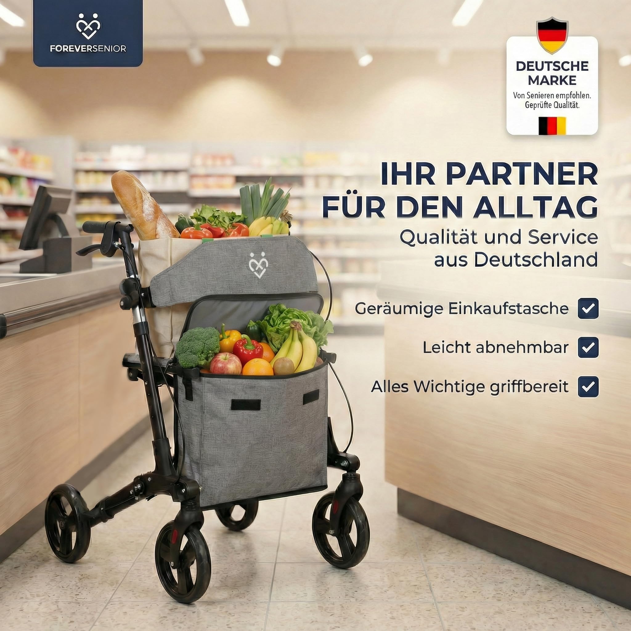 Rollator - 3-fach faltbar und leicht mit Sitz und All Gelände Reifen, schmaler 7,2kg Reiserollator zum Klappen für Senioren