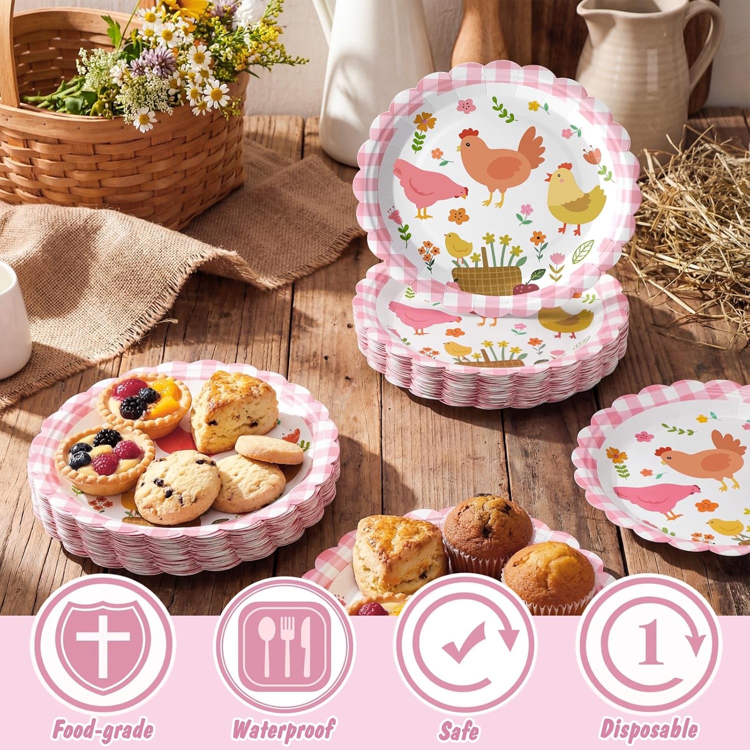 Havawish 100 Pcs Farm Chicken Birthday Decorations, Disposable Paper Plates image 3