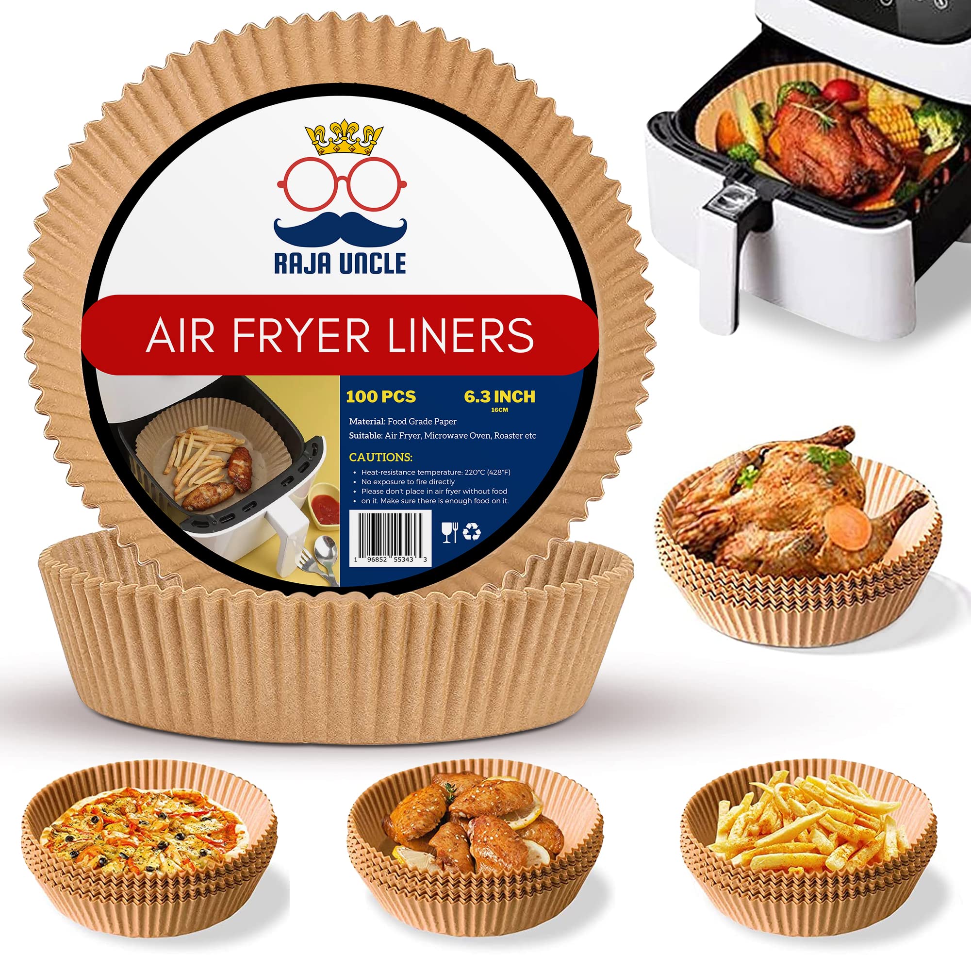 RAJA UNCLE Air Fryer Liners, Paper Liners, 100PCS of 6.3 Inch Round Liners Disposable, Non-Stick, Greaseproof Air Fryer Paper Liners Compatible with COSORI, Ninja & Tower Air Fryer