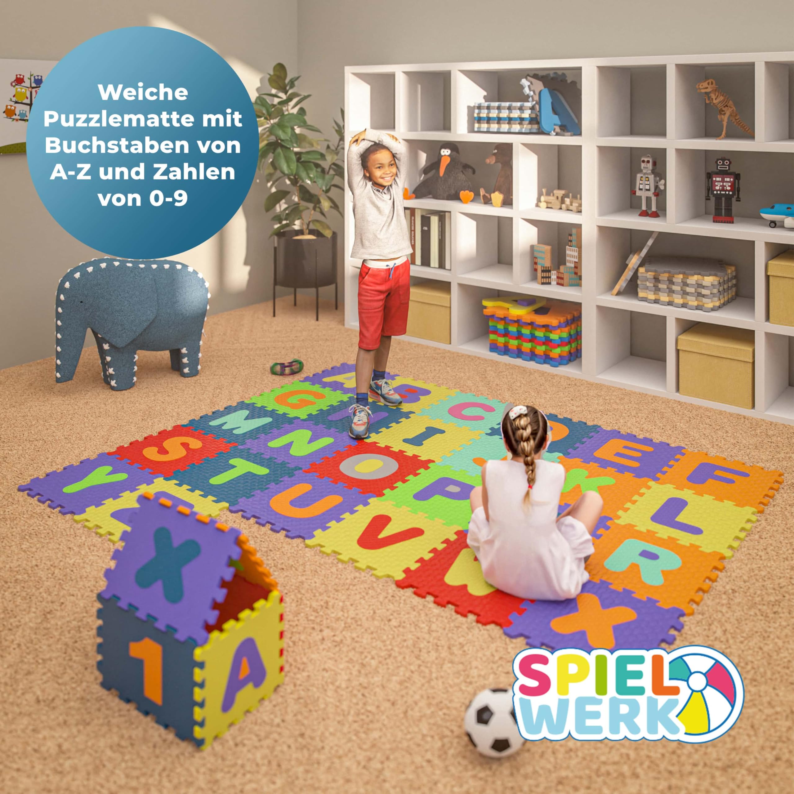 Spielwerk® 86-teilige Puzzlematte Baby Bunt 3,3m² Buchstabenteppich ABC Matten für Kinder Spielunterlage Boden Krabbelmatte Kinderzimmer Puzzleteppich Spielteppich für Kinder