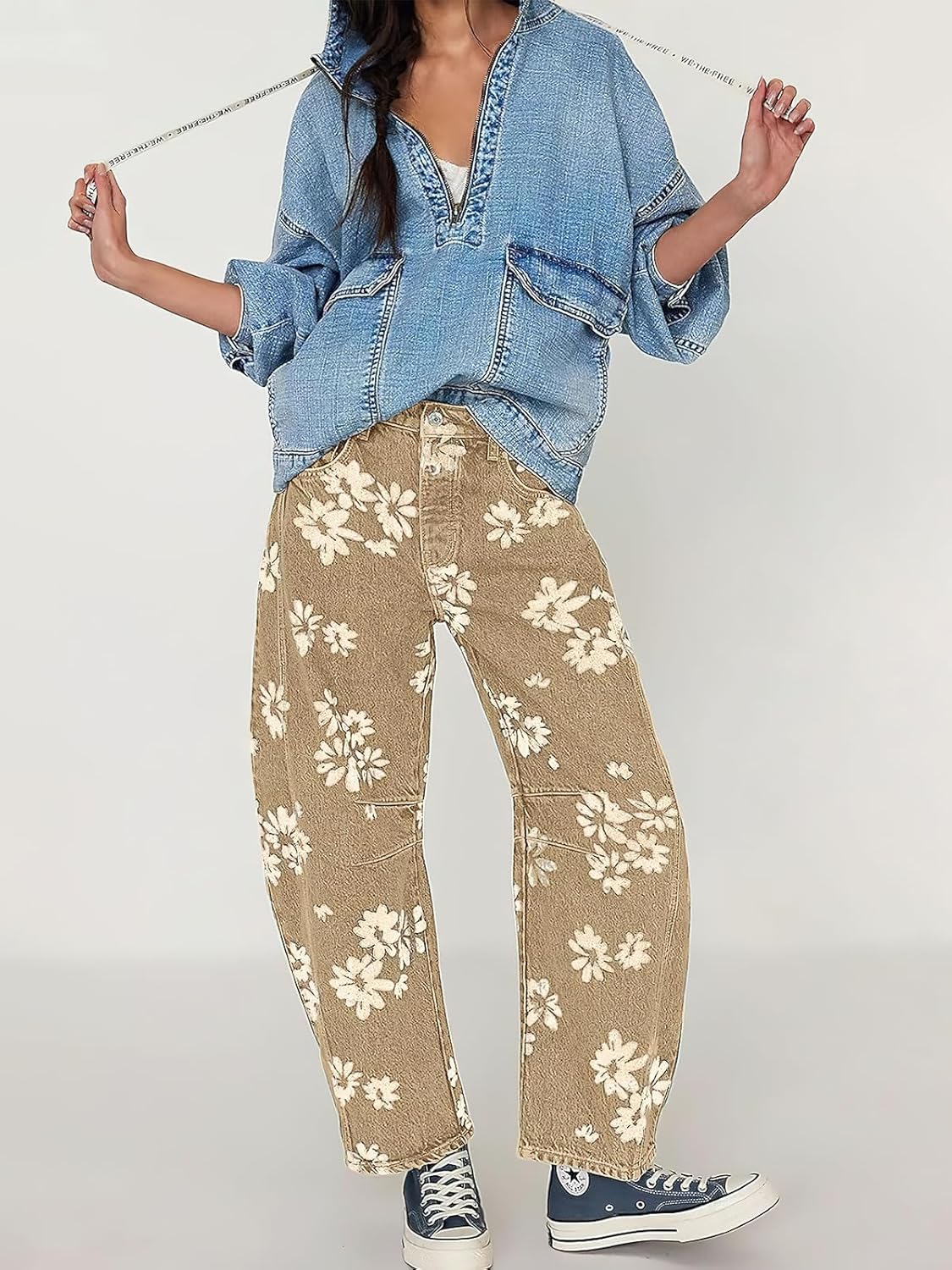 ebossy Women's Retro Floral Print Barrel Jeans Mid Rise Wide Leg Baggy Boyfriend Horseshoe Denim Pants - Image 3