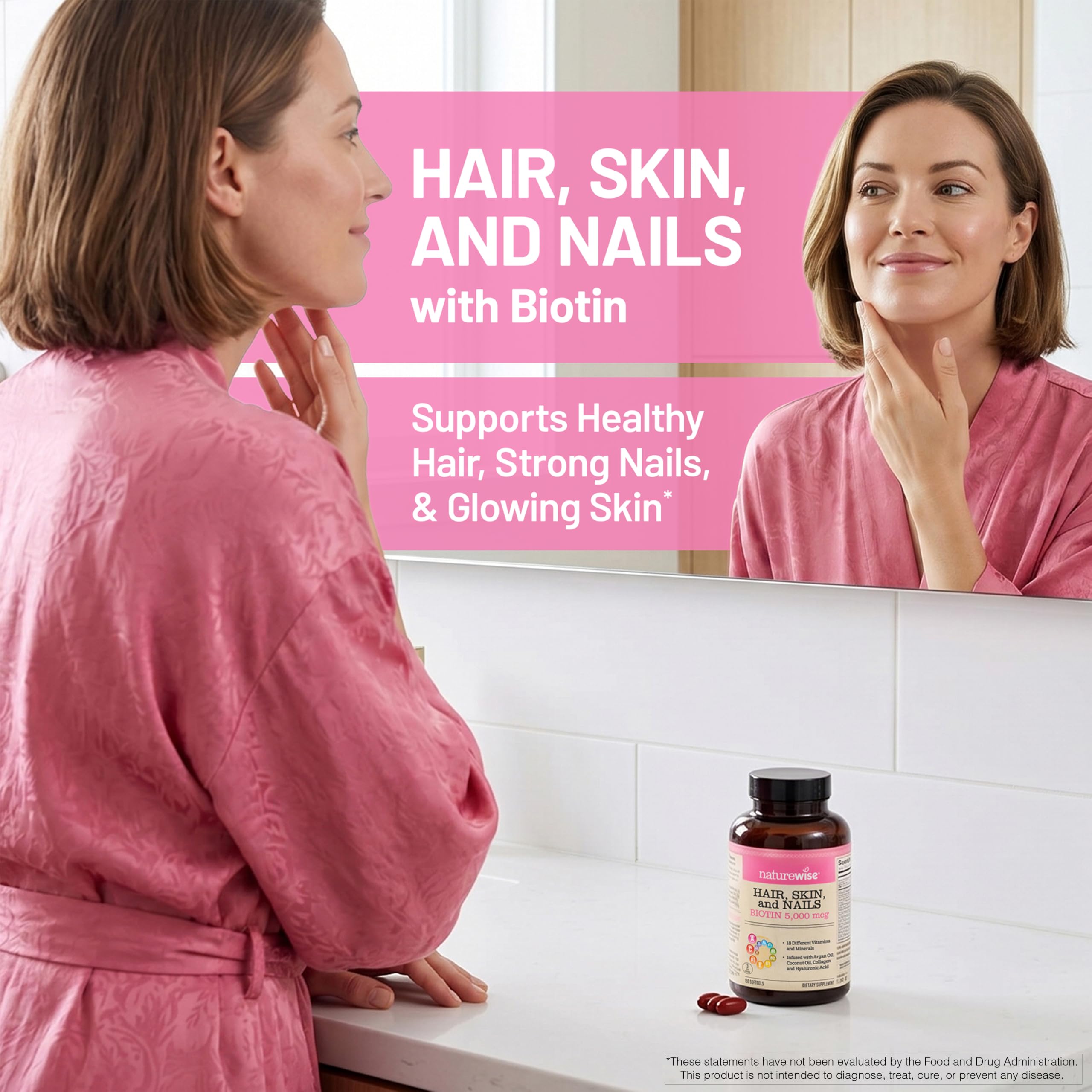 NatureWise Hair Skin and Nails Vitamin, Biotin 5000mcg w/Hyaluronic Acid, Collagen for Women with C, B Complex, D3, A, E, Iron - Non-GMO, Gluten Free - 150 Softgels[50-Day Supply] — Amazon image 2